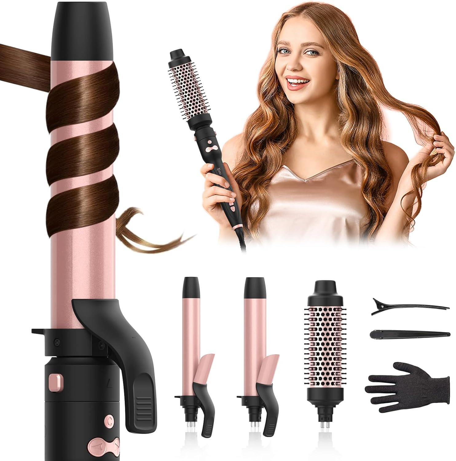 Automatic Rotating Curling Iron Set, 3 in 1 Dual Voltage Ceramic Wand with 1" 1.25" 1.5" Barrels, Ionic Technology, 3 Heat Settings, Fast Heating for Beach Waves & Travel Rose Gold