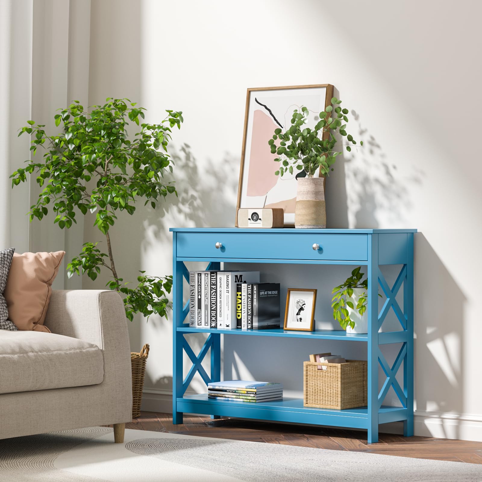 Tavolo Console A 3 Livelli Con Cassetto – Legno, Design Sottile Per Ingresso O Soggiorno | Tavolo Consolle Stretto | Struttura A X Rinforzata | Montaggio Facile, Capacità 95 Kg