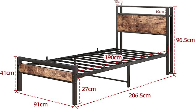 3ft Single Bed Frames Solid Metal Bed Frames with Wood Storage Headboard,Strong Iron Platform Bed Frame Single No Box Spring Needed,Mattress Foundation/Under-bed Storage/Noise Free/Brown