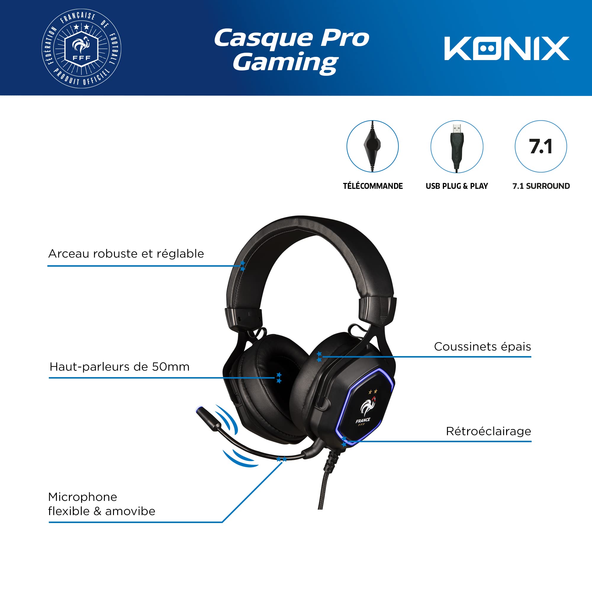 Konix Cuffie Gaming con cavo FFF Hexagon 7.1 per Console, PC, Smartphone e Tablet - Microfono flessibile - Altoparlanti da 50 mm