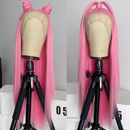 Miniatura 6 de Pelucas de encaje frontal de color rosa, cabello largo y lacio, peluca rosa pastel, resistente al calor, parte libre, peluca de encaje natural,