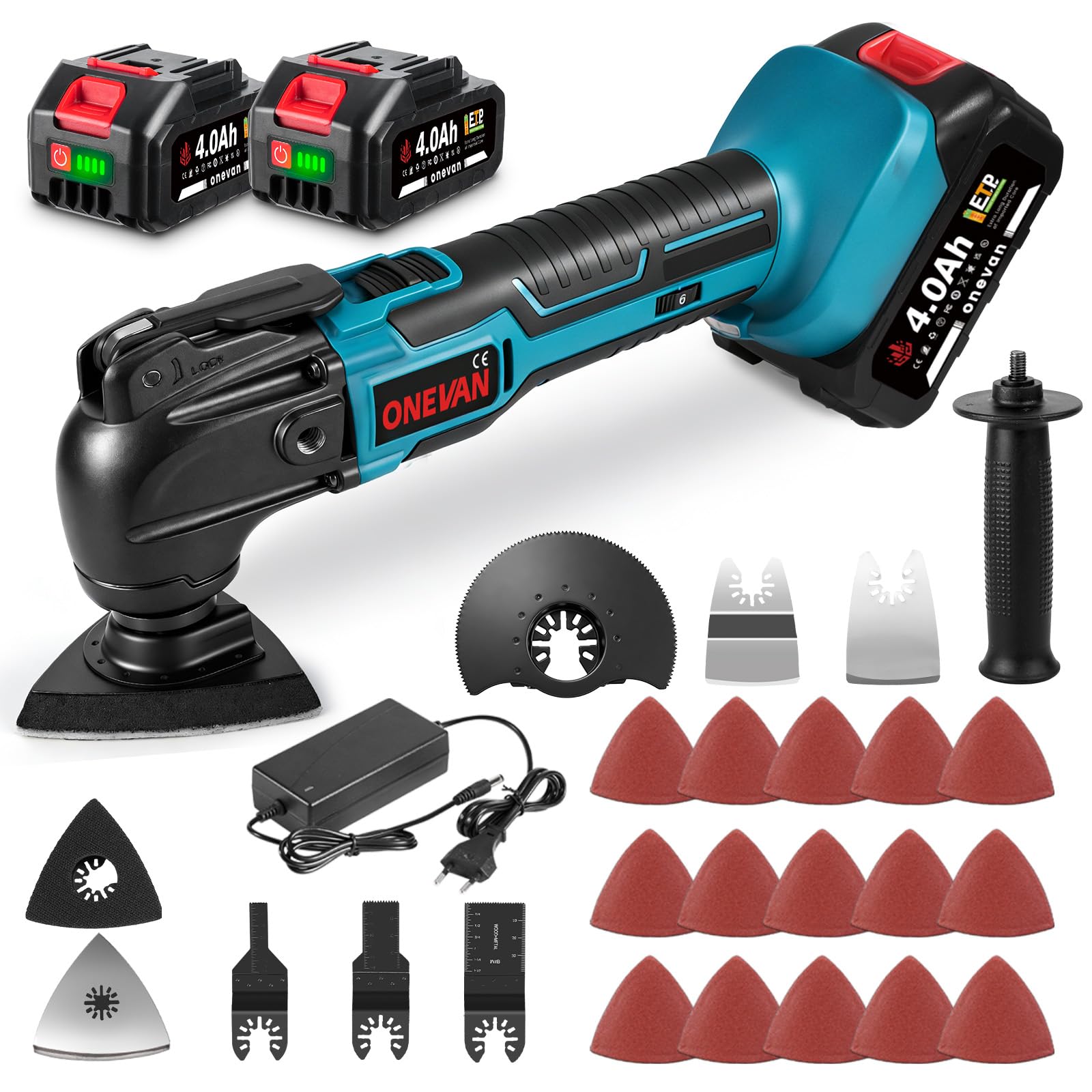 ONEVAN Outil Multifonction 4°Oscillation avec 2 Batteries 22 Pièces | 6 Vitesses 20000 tr/min, Changement sans outil, Coupe, ponçage et polissage précis, Multitool universel