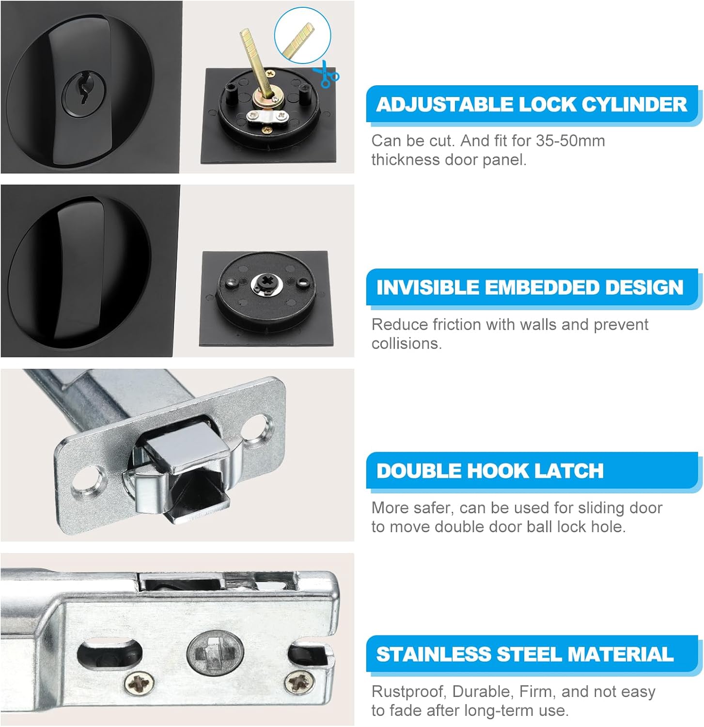 PATIKIL Recessed Door Lock with Keys, Square Pocket Door Lock Invisible 2 Sided Privacy Door Hardware for Bathroom Bedroom Barn Sliding Door for 1-3/8" to 2" Thickness Door, Matte Black
