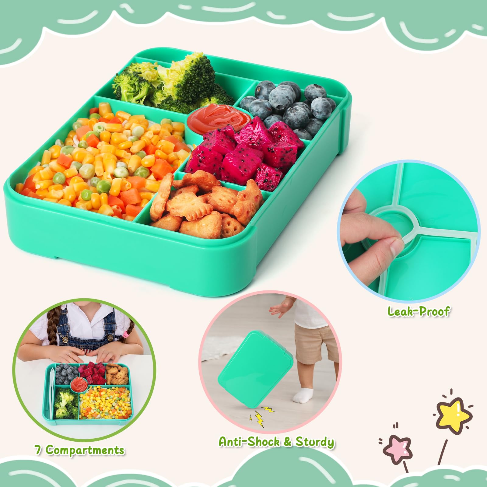 3 Pack Bento Box Adult Lunch Box, 45 oz Leakproof Lunch Containers for Adults/Kids/Students, 6 Compartments Bento Lunch Box with Spoon & Fork, BPA-Free, Microwave & Dishwasher Safe (Green, Red, Blue) - Image 4