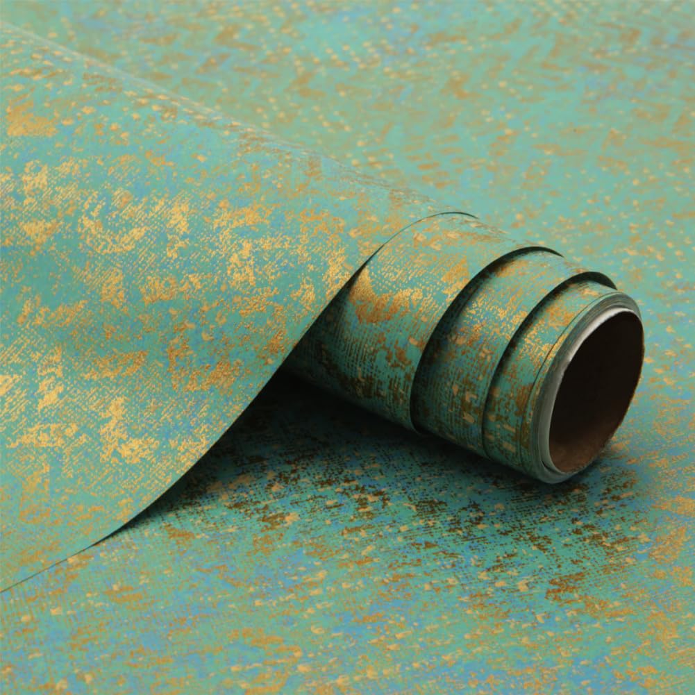 Teal Blue Gold Wrapping Paper Roll, 1 Roll 43cm x 3m Flat Texture Gift Wrap, Luxury Metallic Accent for Birthdays, Weddings, Christmas, Father's Day