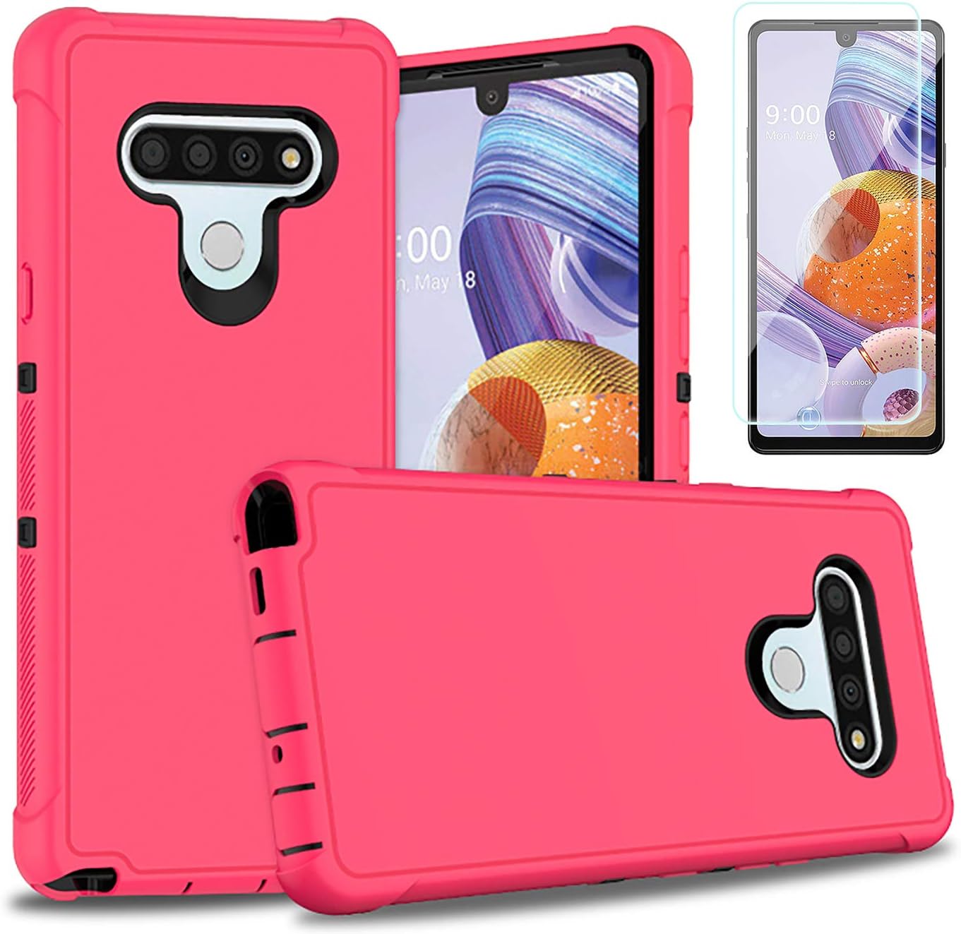 PhuLok Compatible with LG Stylo 6 Case with HD Screen Protector, Heavy Duty Armor Dual Layer Full Body Protective Shockproof Sports Anti-Scratches Non-Slip Bumper Rugged Case(Hot Pink/Black)