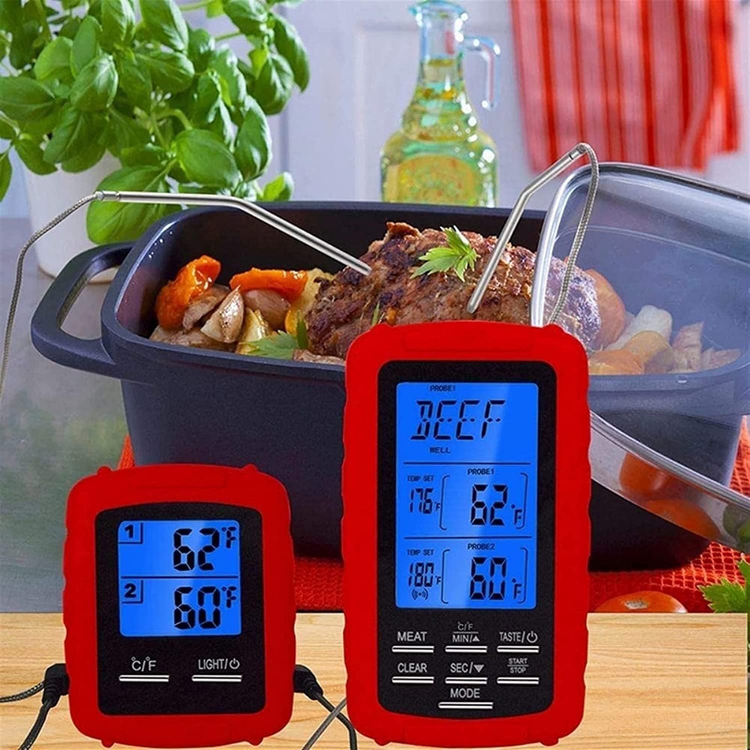 Termómetro de Carne de alimentación de Cocina Digital Remoto inalámbrico con sonda Dual for la Parrilla de Fumadores Barbacoa Termómetro