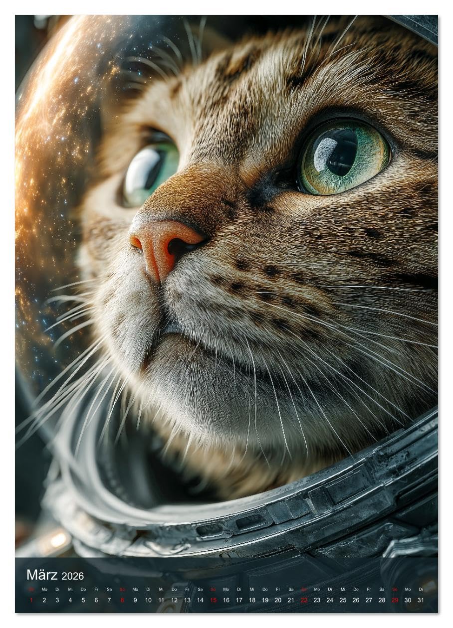 Katzen im Weltall - lustiger Katzenkalender für Kinder, Familien und Katzenliebhaber (hochwertiger Premium Wandkalender 2026 DIN A2 hoch), Kunstdruck ... und Katzenbesitzer. (CALVENDO Tiere)