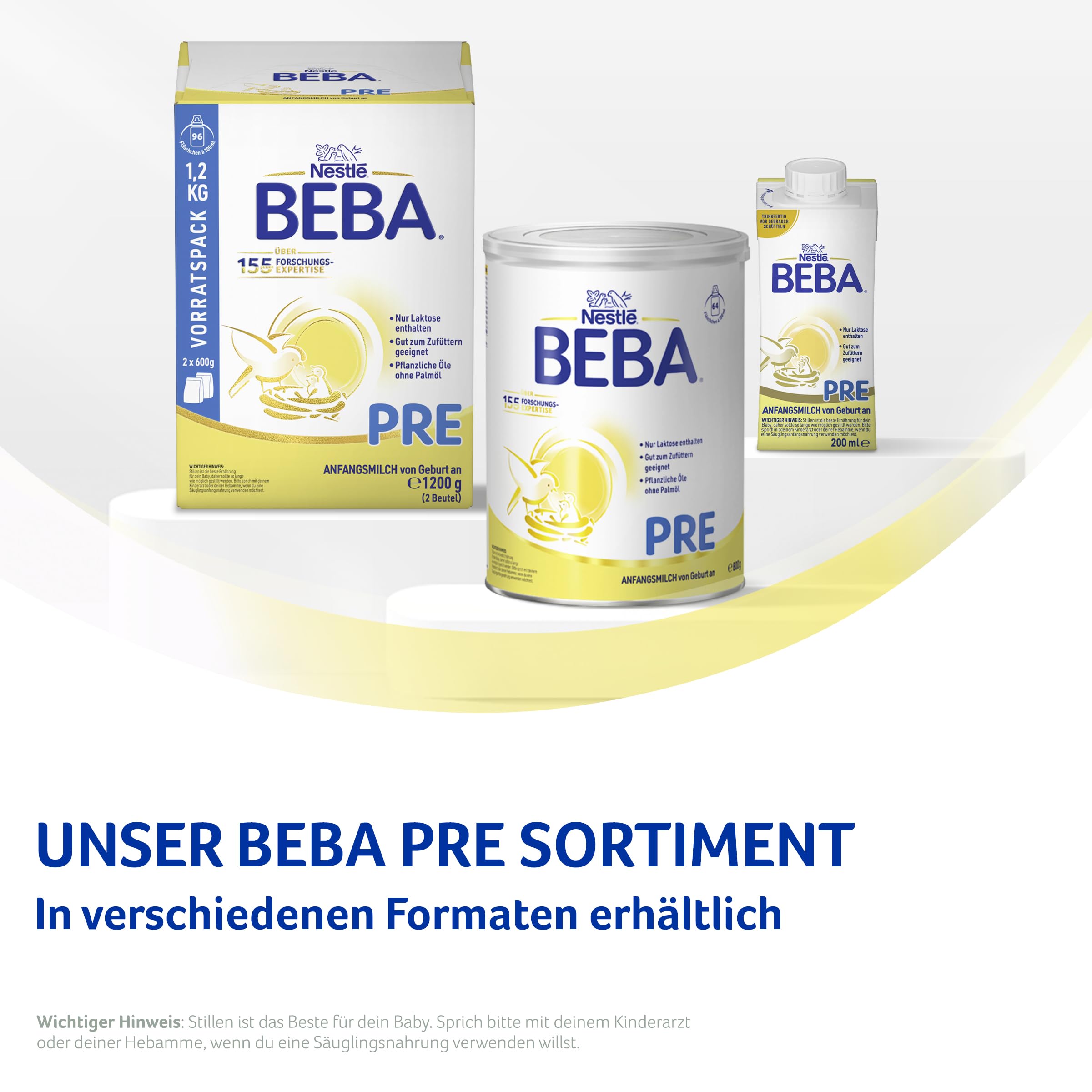 BEBA PRE - Anfangsmilch von Geburt an, Nur Laktose, Ohne Palmöl, Ohne Fischöl, Babynahrung, Baby-Milchpulver, 6er Pack (6 x 800g)