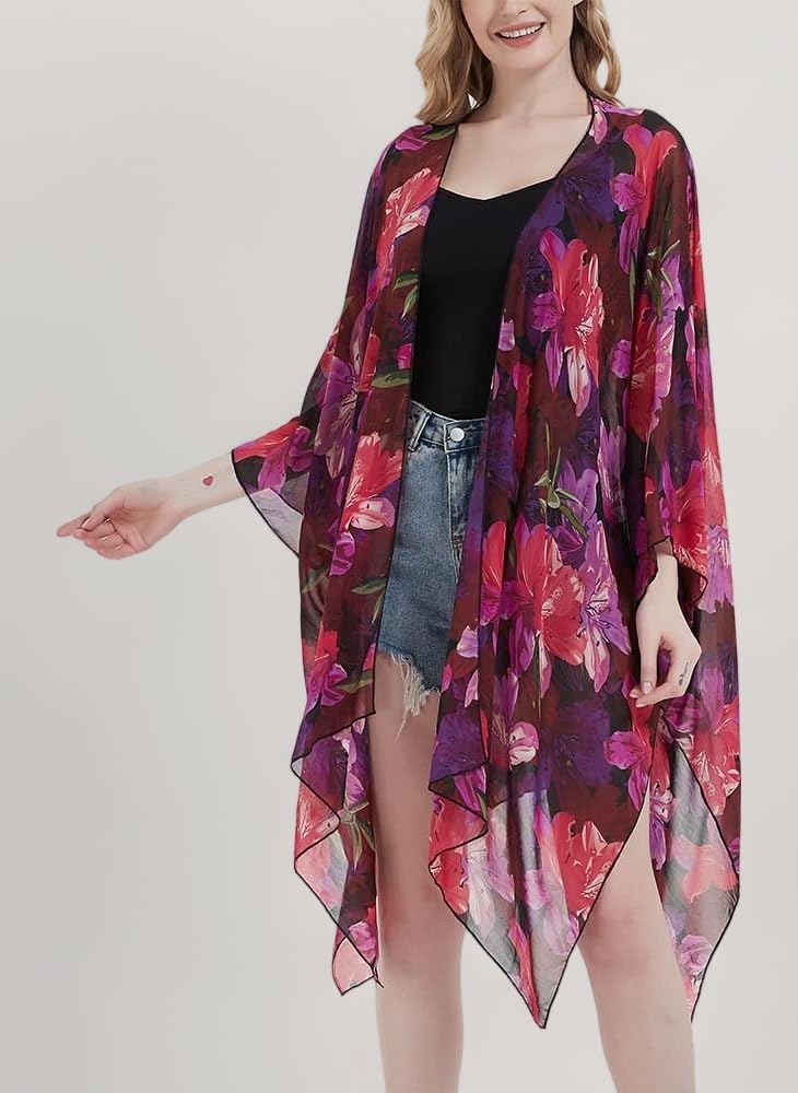Women's Floral Print Chiffon Kimono Cardigan Loose Cover Up Casual Long Boho Sheer Cardigans