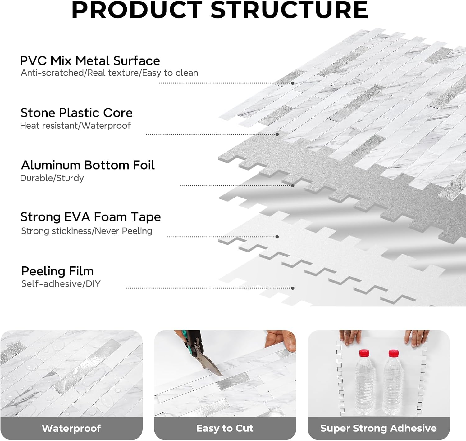 STICKGOO Peel and Stick Backsplash Tile, Stick on Backsplash for Kitchen and Bathroom, Volakas White Look PVC Mixed Metal Silver Self Adhesive Wall Tiles(10 Sheets)