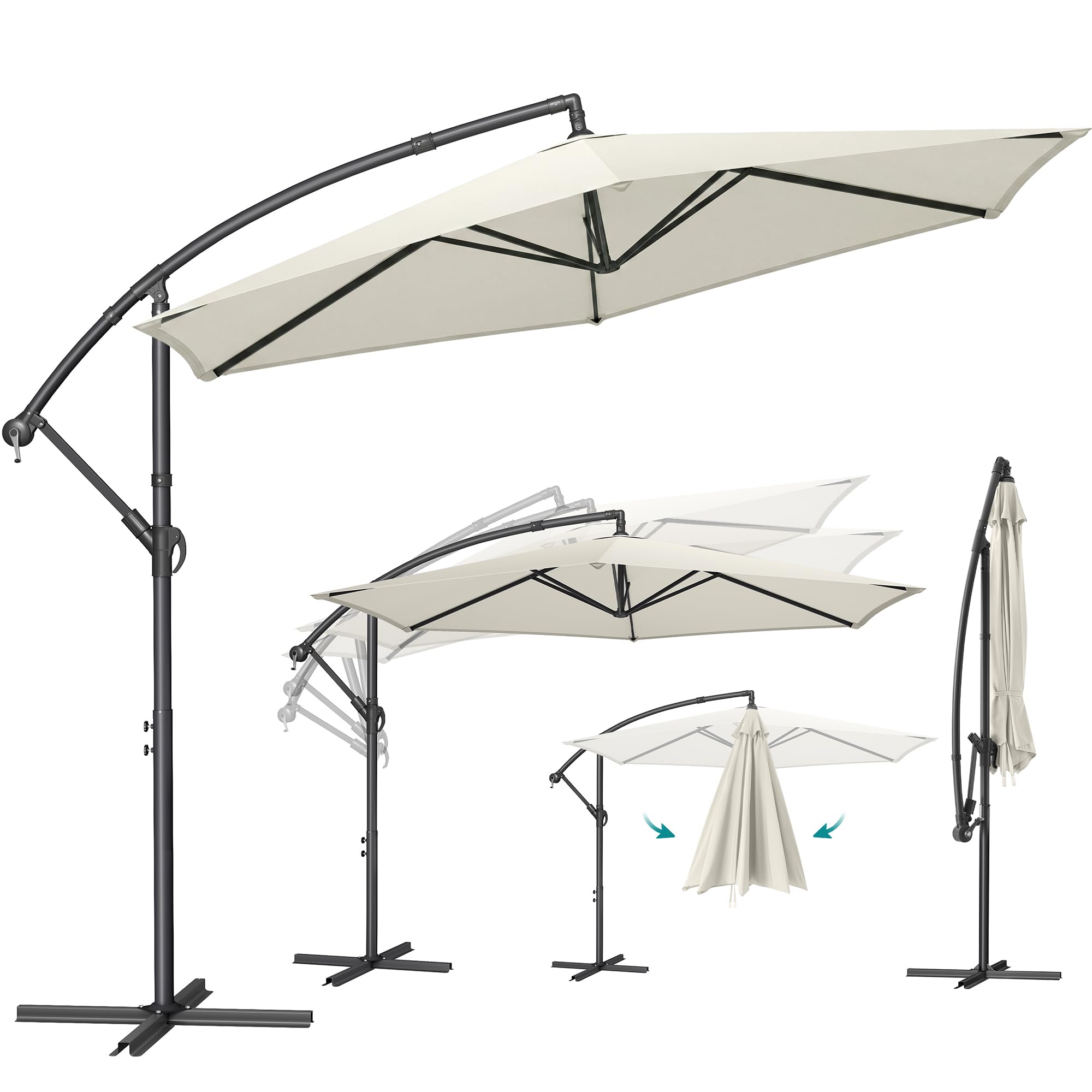 SONGMICS Ombrellone a Braccio, Ombrellone da Balcone con Base, Protezione Solare, Anti UV UPF 50+, con Manovella per Apertura e Chiusura, per Terrazza, Giardino