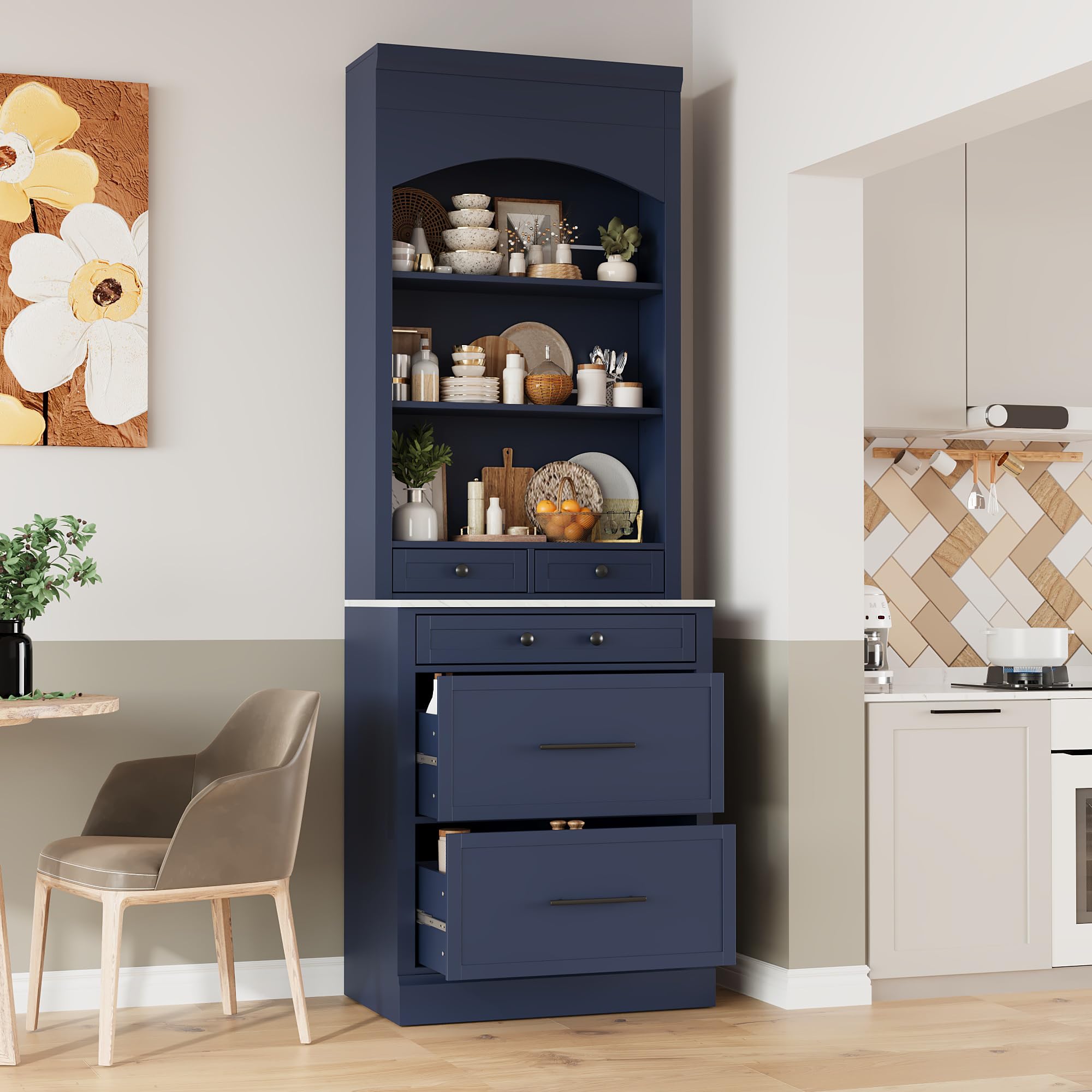 Modern 83.7inch High Kitchen Pantry, Freestanding Tall Kitchen Hutch with Faux Marble Top, Cupboard Cabinet with 5 Storage Drawers and Adjustable Shelf (Blue-4)