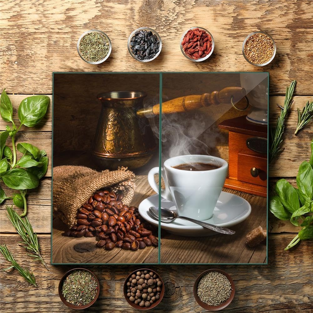 Herdabdeckplatte Abdeckung Ceranfeld Abdeckplatte Schneidebrett 2-Teilig 60x52 Kaffee Kaffeebohnen Weiss Spritzschutz Glasplatte Ceranfeldabdeckung Herdschutz Sicherheitsglas Glasschneidebrett 2x30x52