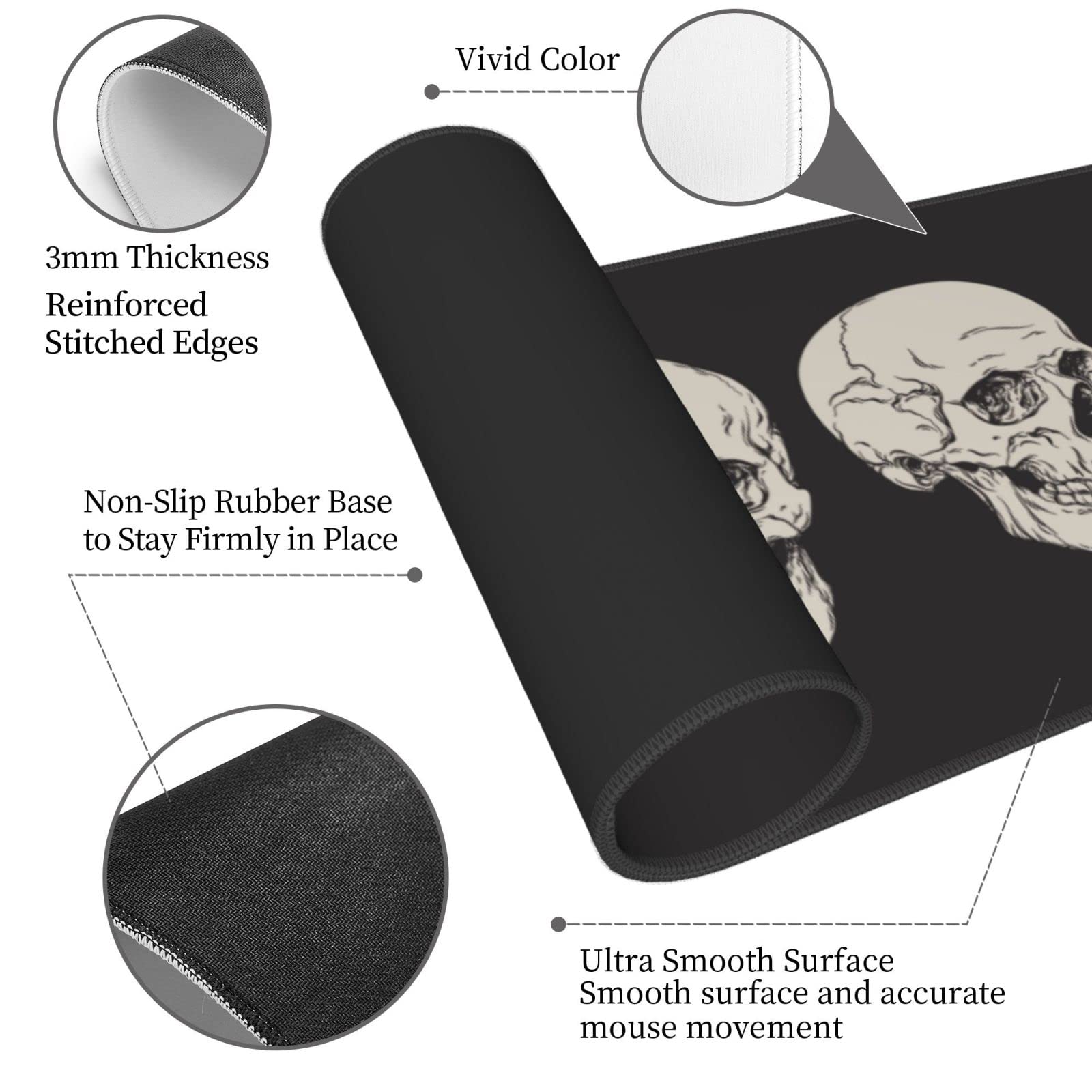 Grand Tapis De Souris De Jeu Avec Motif Tête De Mort, Base En Caoutchouc Antidérapant Pour Bureau, Bords Cousus, Cadeau Pour Homme Et Femme, 80 X 30