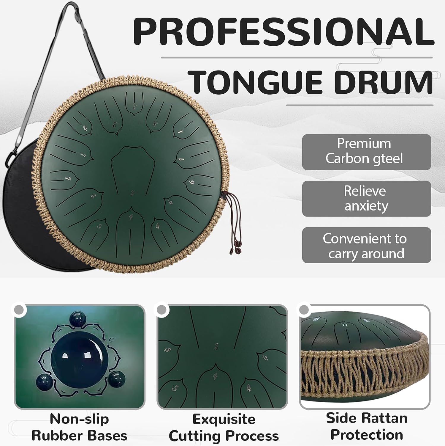 TUOKING Steel Tongue Drum 13 inch 15 Notes Rain Drum for Outside D Key with Lotus Design - Handpan Percussion Instrument for Meditation,Yoga,and Music Therapy,Gift for Beginners & Adults(Green)