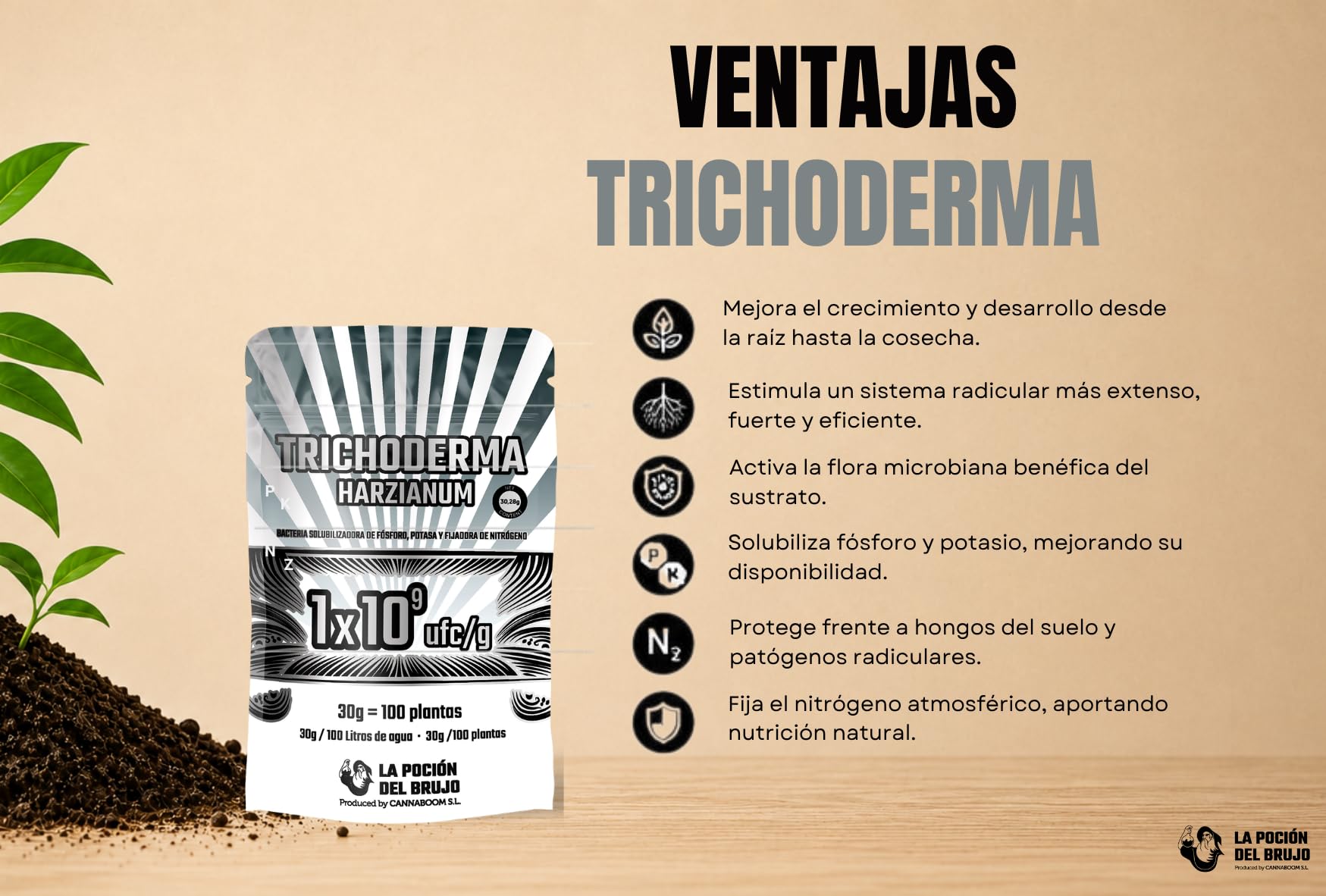 Trichoderma Harzianum = 1x10⁹ ufc/g | Bacterias de la rizosfera 1x10³ ufc/g (100p) - "Cannaboom" | Defensa radicular avanzada | Más vigor y raíces sanas | Microbiología útil de alto rendimiento