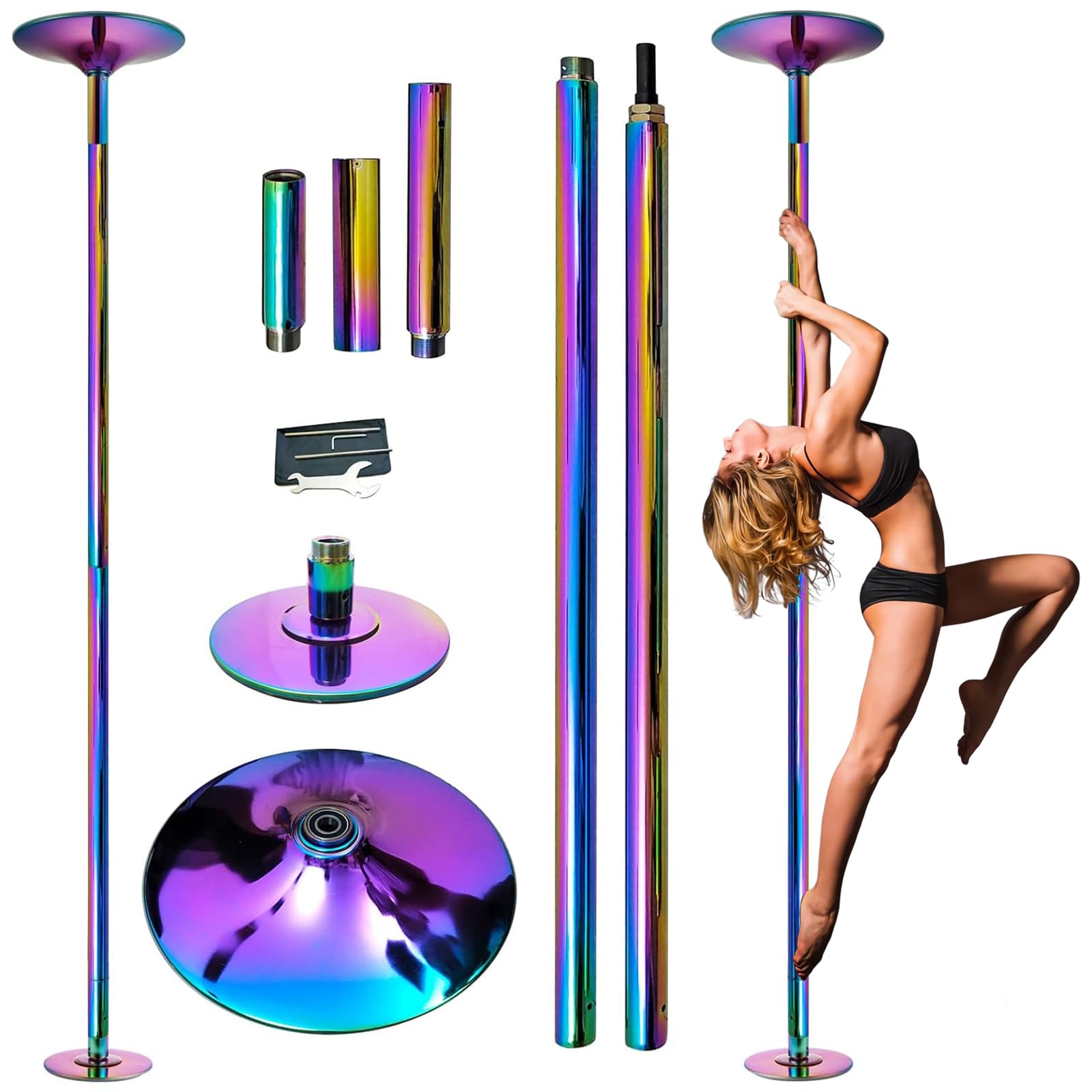 PRIOR FITNESS Barre de danse de pole dance 45 mm - Hauteur réglable de 2,35 à 2,74 m - 2 modes : rotatif/statique - Charge maximale : 200 kg - Pour club, fête