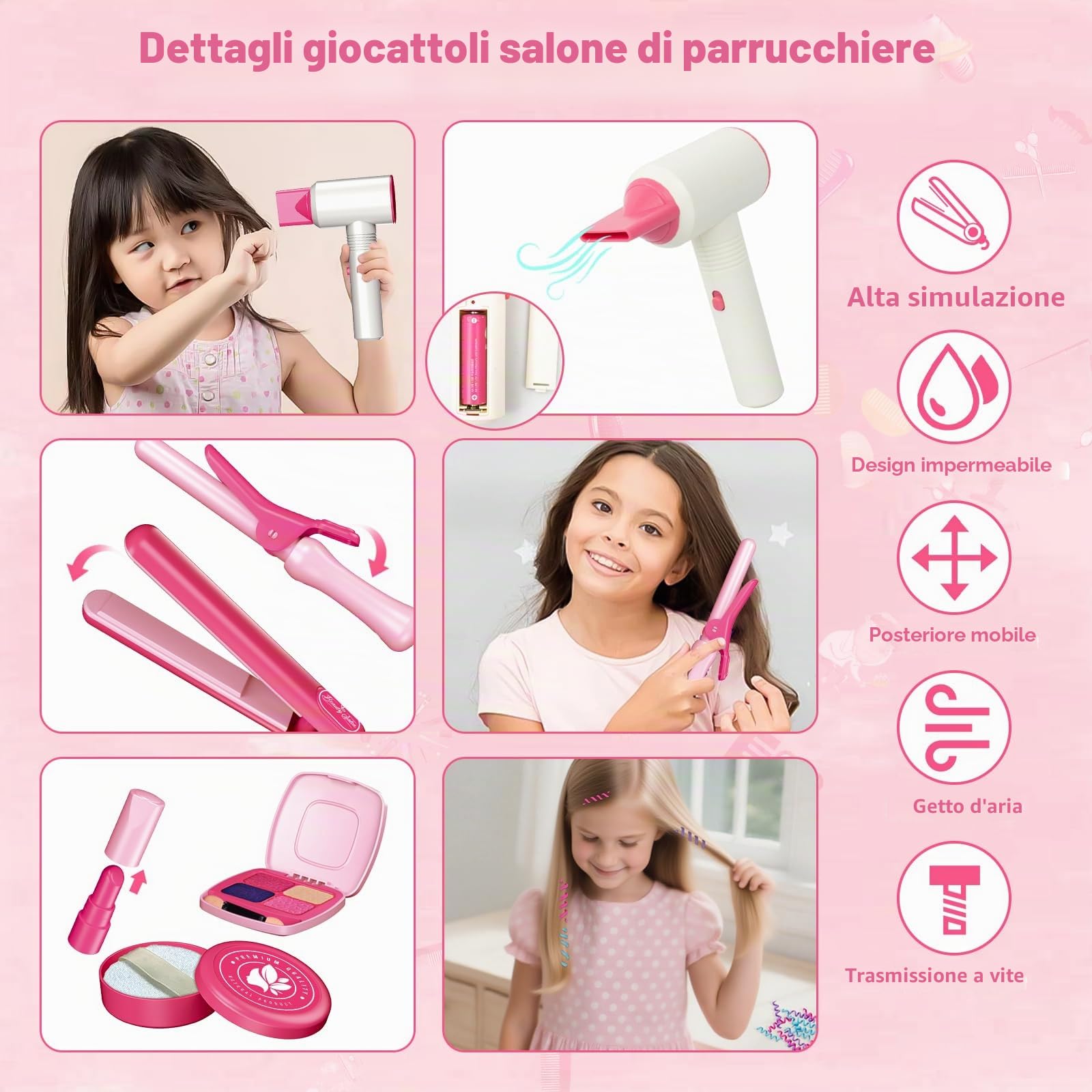 RedCrab Set Parrucchiera per Bambina con Asciugacapelli, Arricciacapelli, Piastra per Capelli, Pettine, Specchio e Accessori per Capelli, Giochi di Ruolo Regali per Bambini 3 4 5 6 7 8 Anni
