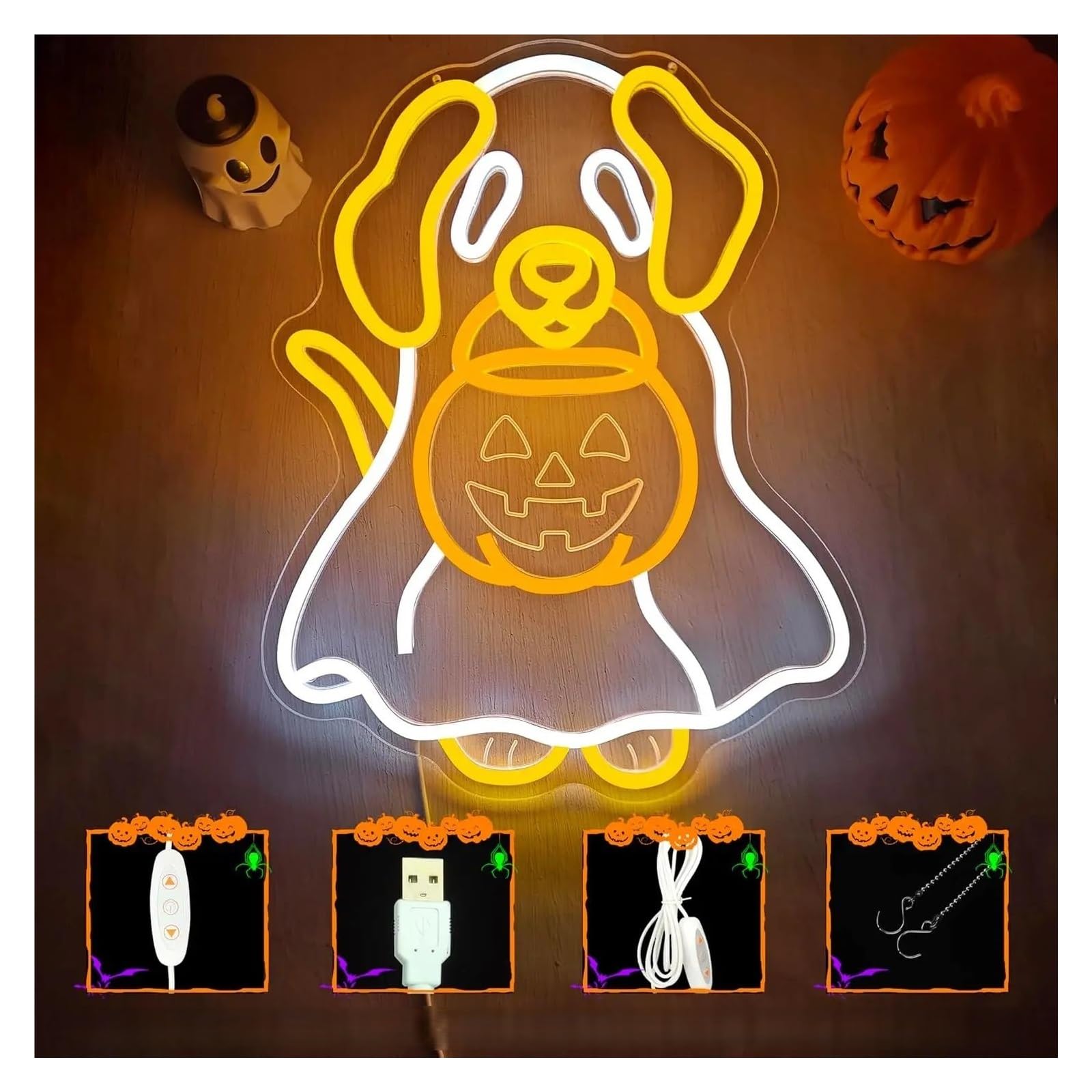 néon signe Enseigne Lumineuse LED En Forme De Chien Fantôme Intensité Variable Pour Salle De Jeux Chambre À Coucher Salon Fenêtre Décoration Murale 42.35cmx34cm