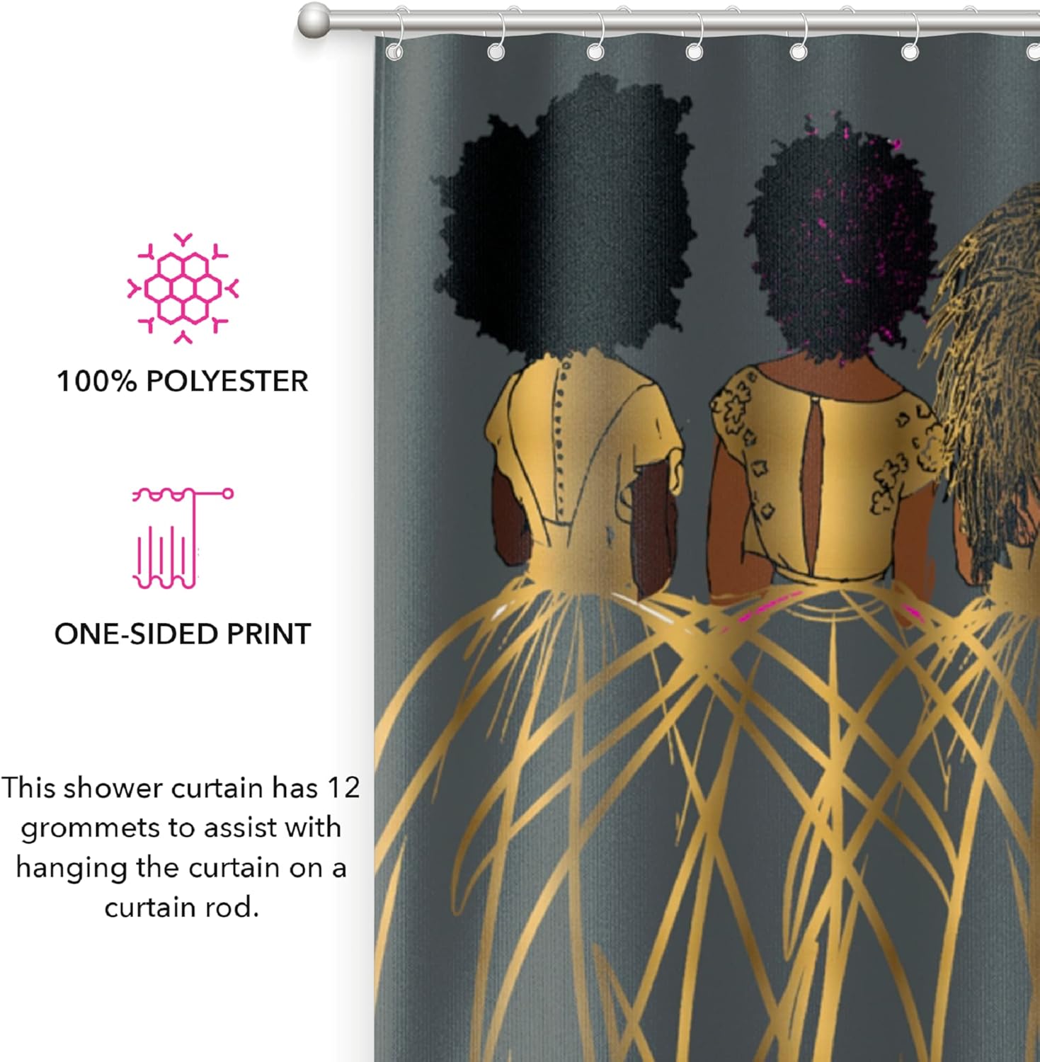 Pardon My Fro Royal Shower Curtain - 100% Polyester Fabric with Chic Print, Waterproof, Elegant Décor, One-Side Print, Stylish Bathroom Curtain for Bathtub, Hooks are not Included - Grey, 71" x 71"