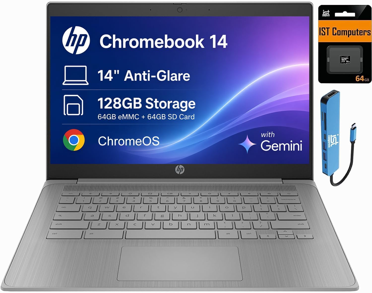 HP Chromebook 14 Laptop,14" HD, Intel Celeron N4500, 4GB RAM, 128GB Storage