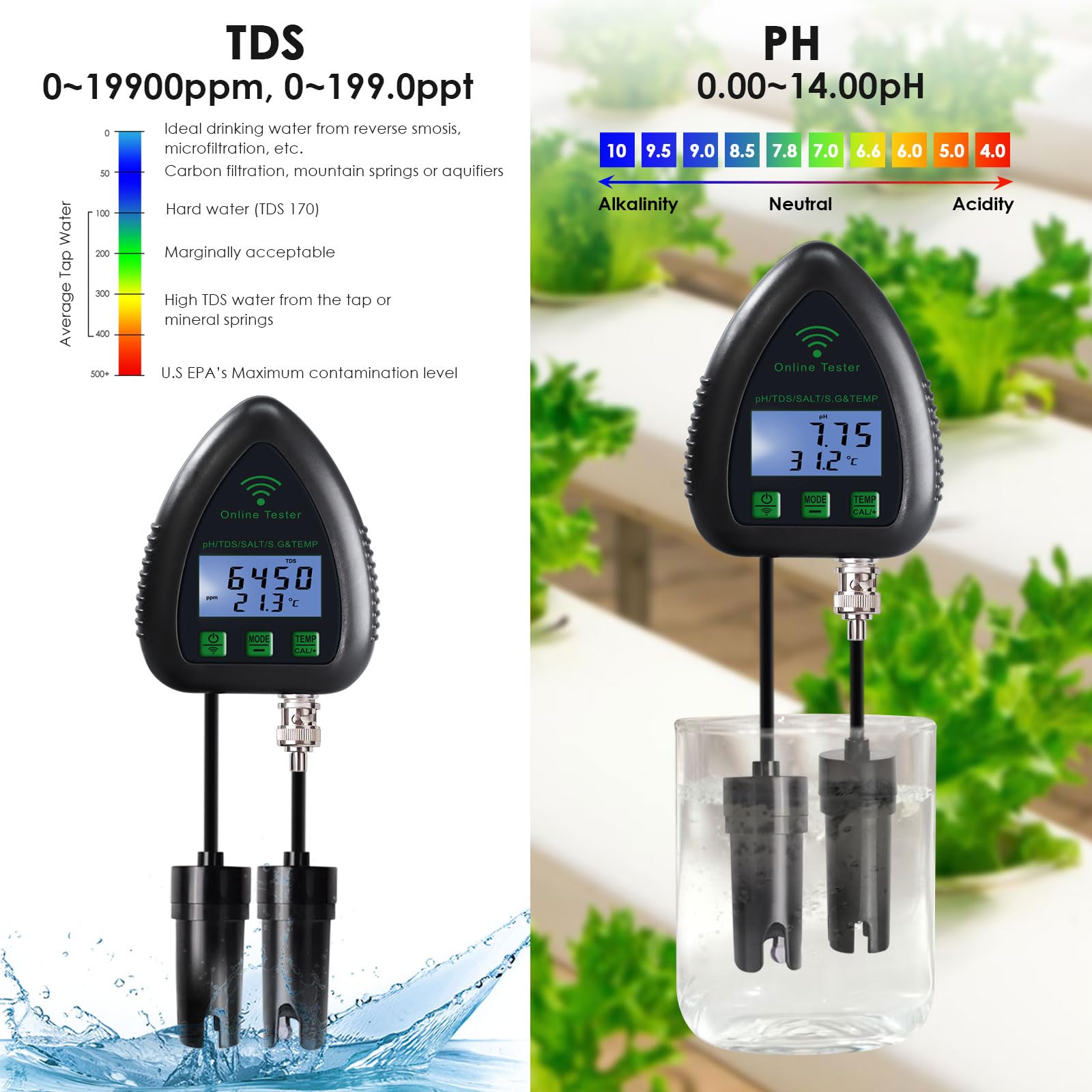 5 en 1 pH TDS SG probador de salinidad de temperatura Tester Datalogger probador de calidad del agua para acuarios acuicultura, estanques etc. Monitoreo remoto inteligente