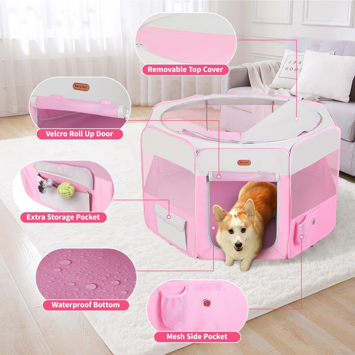 Dog Playpen, Portable Pet Play Pen Foldable Carrying Case, Puppy Pens Outsid for Small Cat Indoor/Outdoor, Removable Mesh Shade Cover
