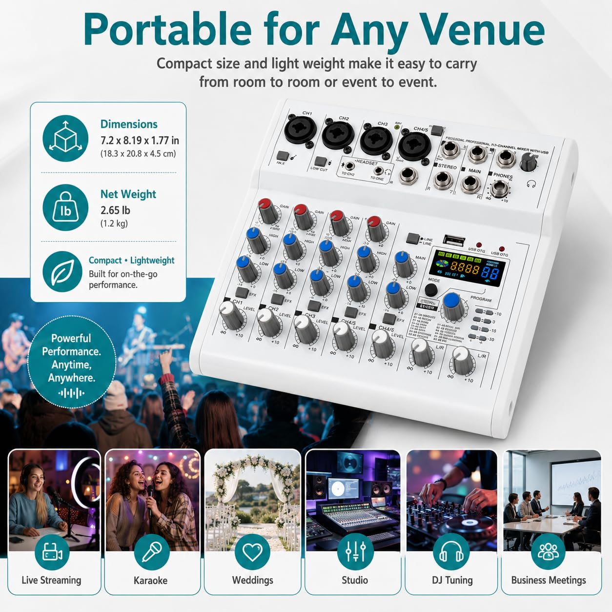 Mixer audio Bluetooth a 7 canali, mixer professionale con interfaccia audio USB, mixer con 88 tipi di DSP e 48 V CC, mixer per spettacoli palcoscenici, studi di registrazione, spettacoli DJ