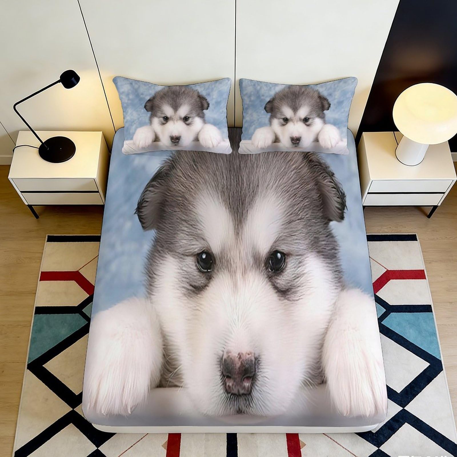 3D Printed Husky Dog Fitted Sheet Microfiber Soft Anti-Slip Cartoon Puppy Mattress Cover for Bedroom Dorm Home Decor 90x200x25cm