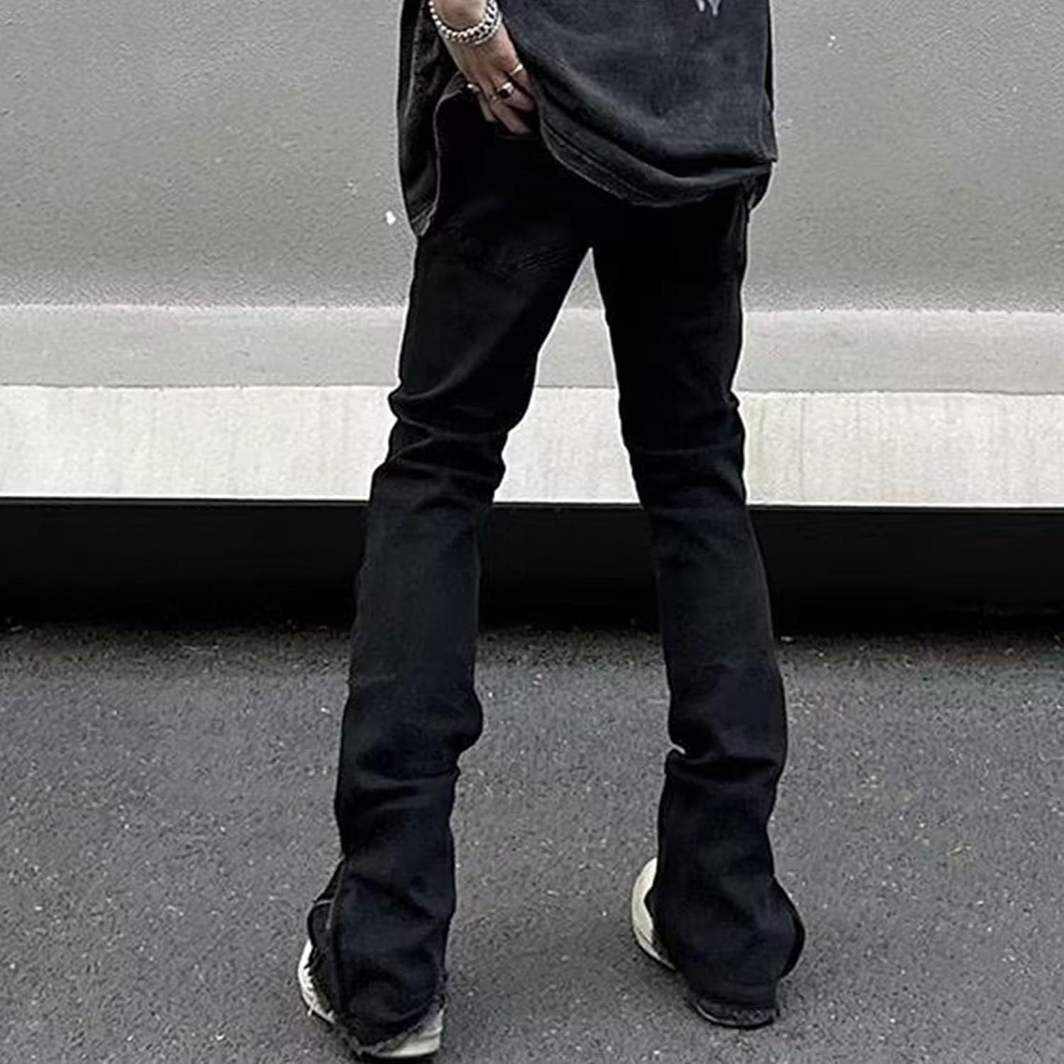 DGHM-JLMY Men's Irregular Bell Bottom Denim Pants Skinny Flared Stacked Denim Pant Fashion Side Zipper Tight Jeans