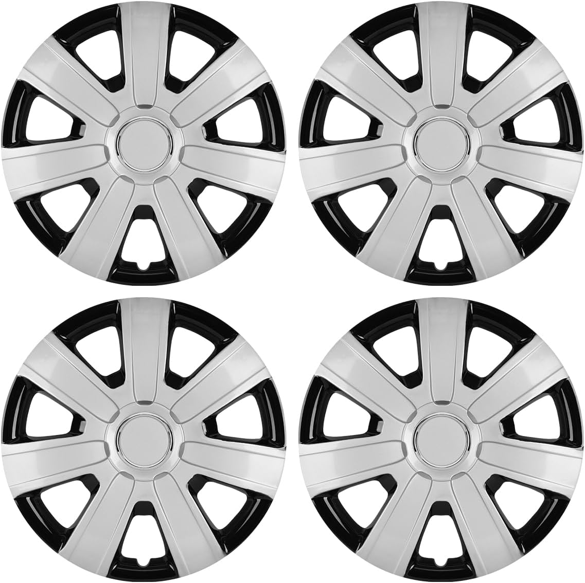 Hubcaps 14", Wheel Rim Cover Universal R14 Hub Caps, Snap On Car Pickup Truck SUV, Lacquer Wheel Covers, PP Material, 4 Pack, Silver & Black Lacquer