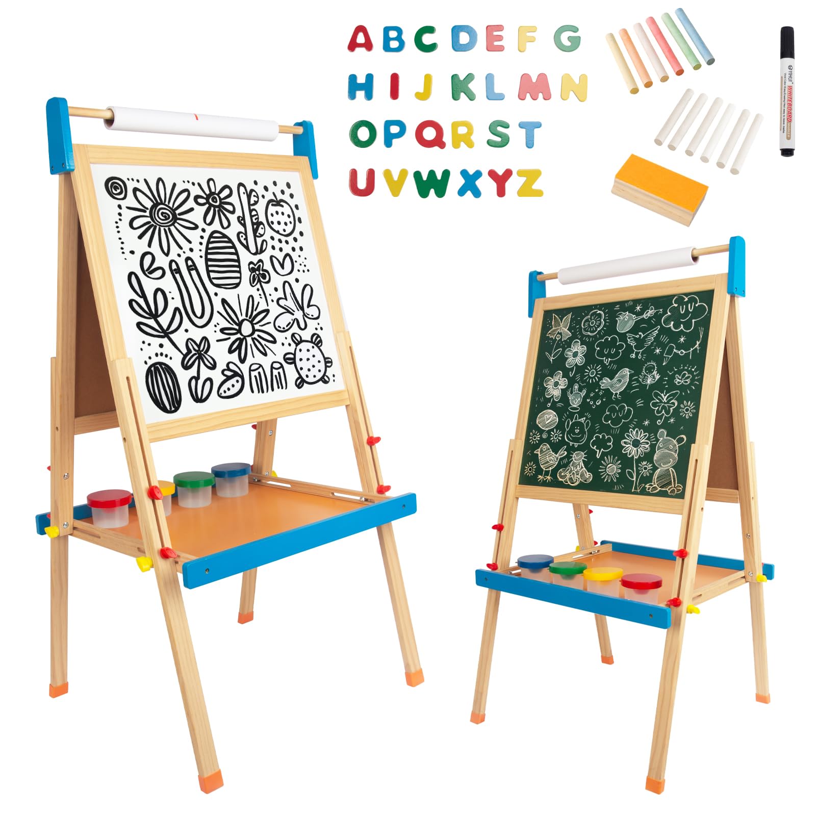 WOODENFUN Easel for Kids with Drawing Paper Roll, Learning Toy for