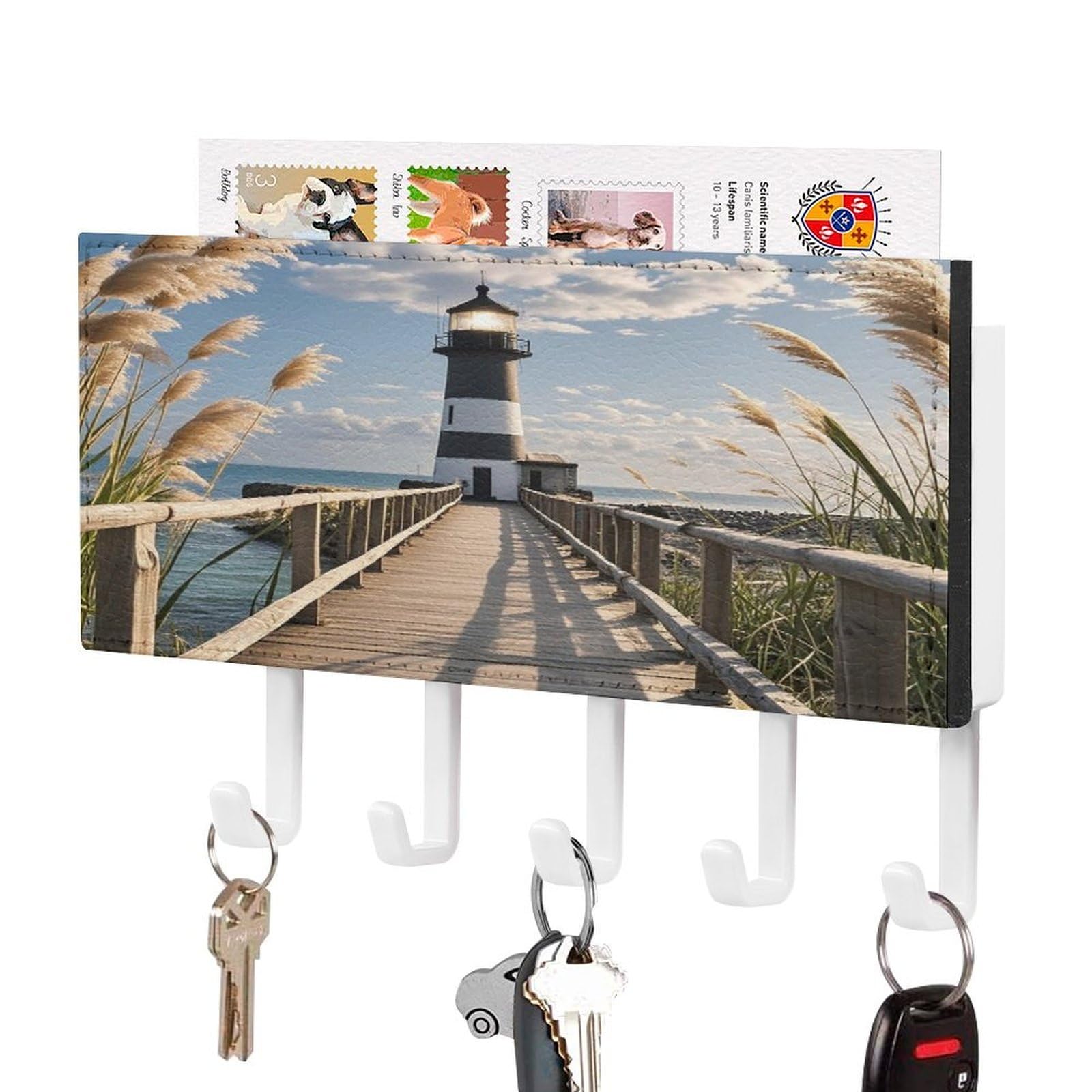 Lzqpoeas White-Style Beacon Key Holder Wall Mount With Mail Organizer Fashion Adhesive Key Hanger With 5 Hooks No Drill Pu Leather Key Organizer Rack For Entryway Kitchen Hallway Decor