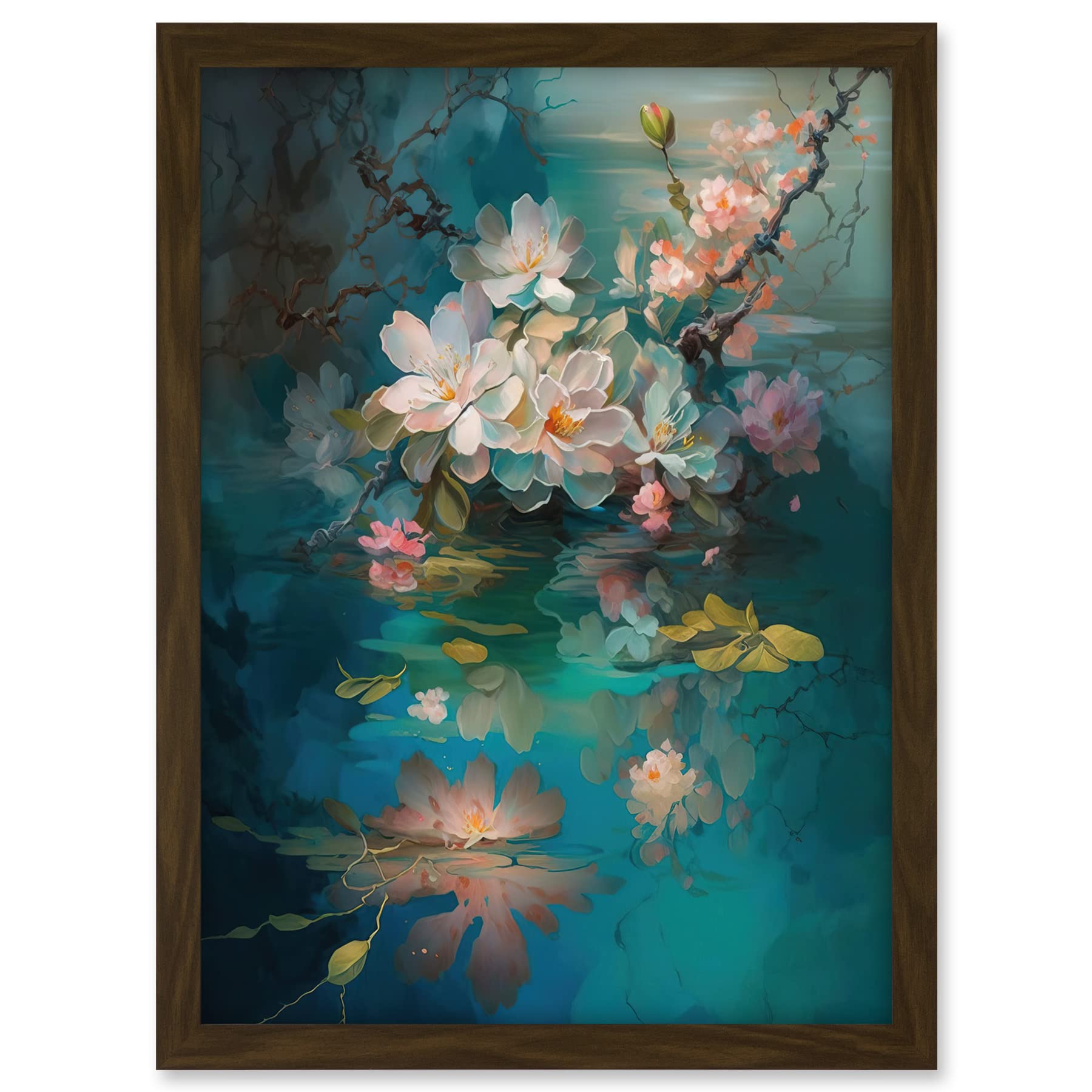 Artery8 Low Hanging Cherry Blossom Branch in River Stream Modern Watercolour Painting Artwork Framed A3 Wall Art Print