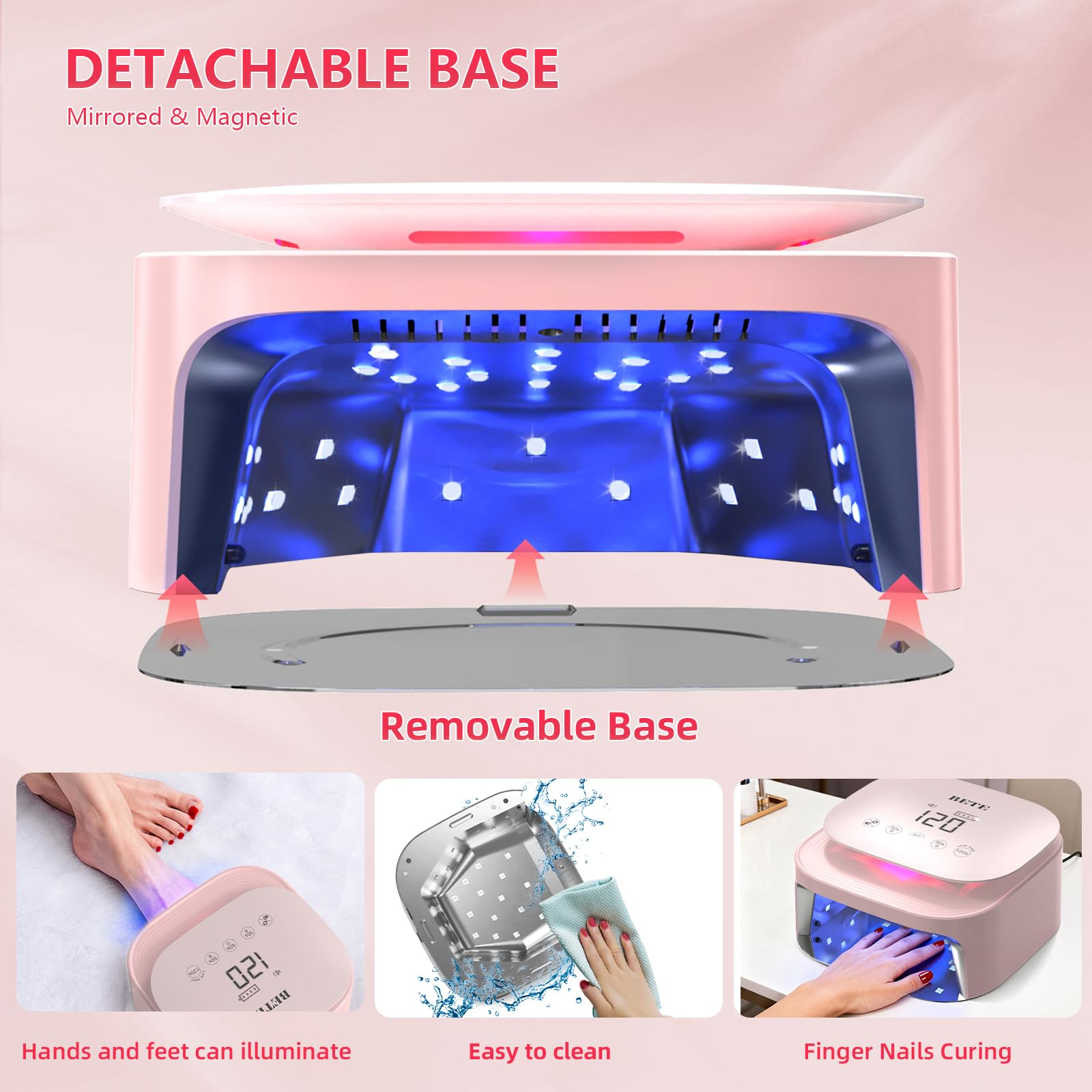 Lampade UV LED wireless BETE 60W - Asciugatore per smalto gel ricaricabile con sensore automatico, 30 perle e 4 regolazioni del timer portatile per uso domestico/salon Rosa