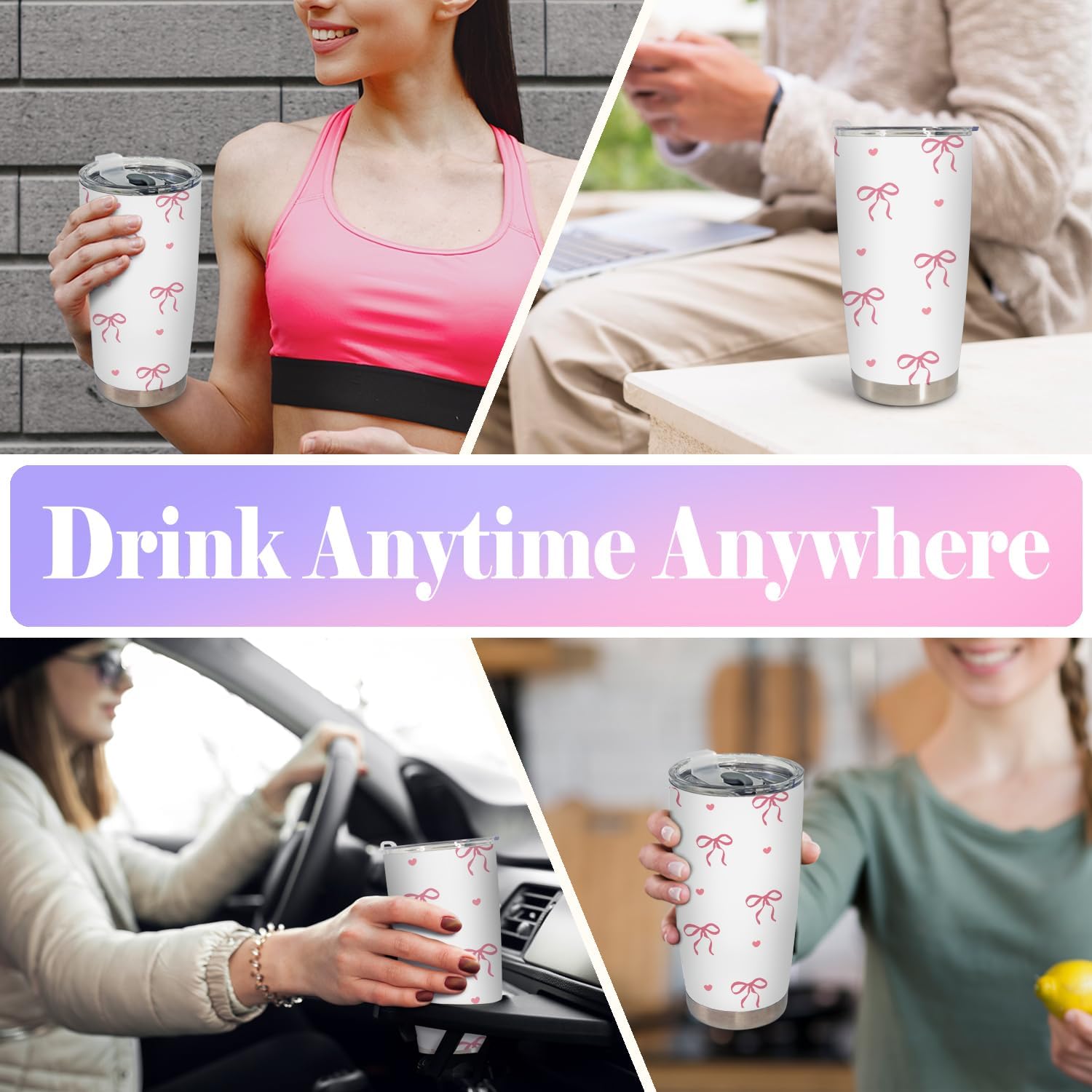 Coquette Pink Bow Tumbler, Preppy Girly Gifts for Women Teen girls Stainless Steel Tumbler with Lid and Straw 20oz, Cute Preppy Pink Bows Travel Coffee Cup - Image 3