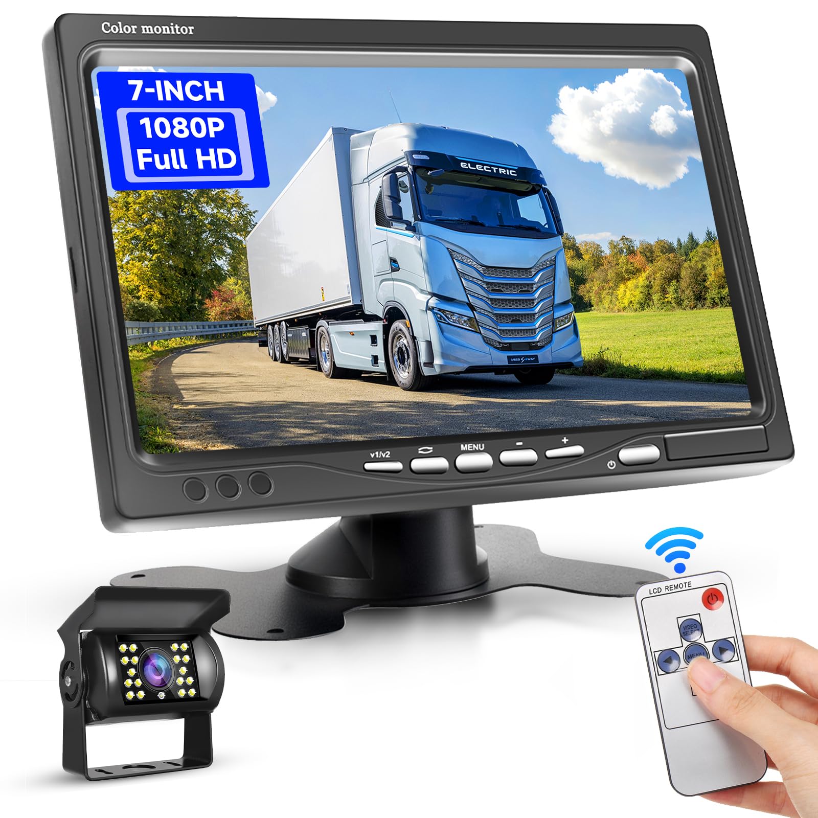 Podofo Telecamera Retromarcia con Monitor HD da 7 pollici 10M Cavo con 18 LED IR IP69 Impermeabile Visione Notturna 2 Canali Telecamera Retromarcia Camion Applicabile per Camper RV DC 12V-24V