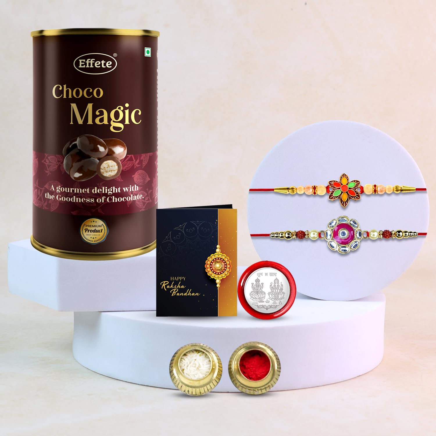 DeoDap Raksha Bandhan Gift Combo with 2 Elegant Rakhis, Choco Magic Dry Fruits, Silver Coin & Greeting Card – Rakhi Gift Hamper for Brother – Festive Rakhi Set-image-27