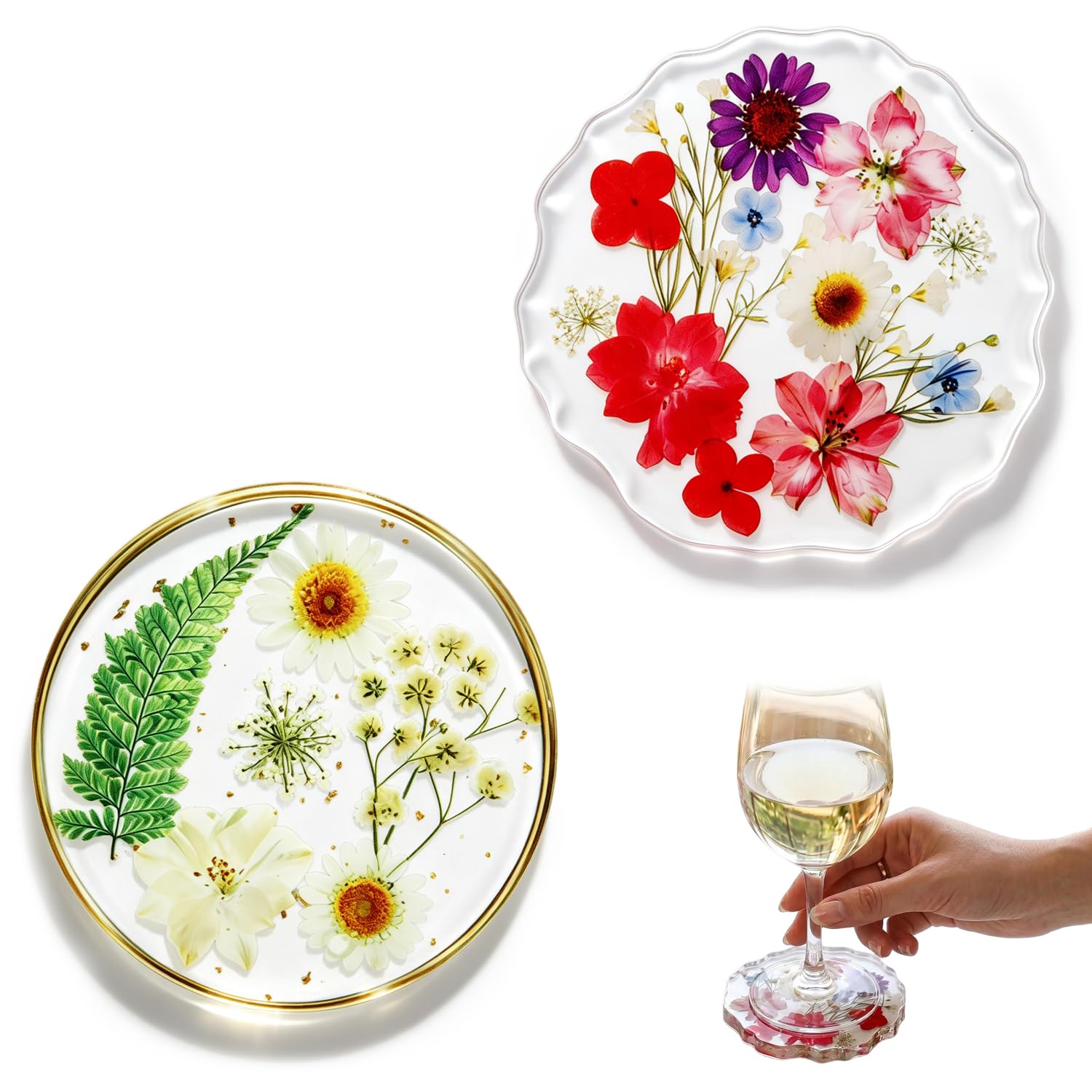HASTHIP 2 Pcs Resin Drink Coaster Set Pink White Wave Floral Decor for Gift | Waterproof & Stain Surface, Unique Pink Wave Design, Stylish Jewelry Display, Embedded Flower Design for Table Decoration-image-45