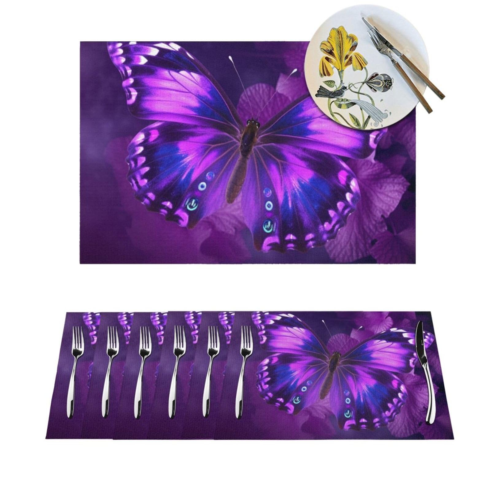 Set de table tissé lavable lot de 6 pièces motif papillon violet pour salle à manger