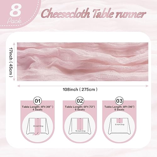 Miniatura 2 de Paquete de 8 caminos de mesa de estopilla rosa de 17 x 108 pulgadas, tela bohemia semitransparente para boda, baby shower, fiesta de cumpleaños,