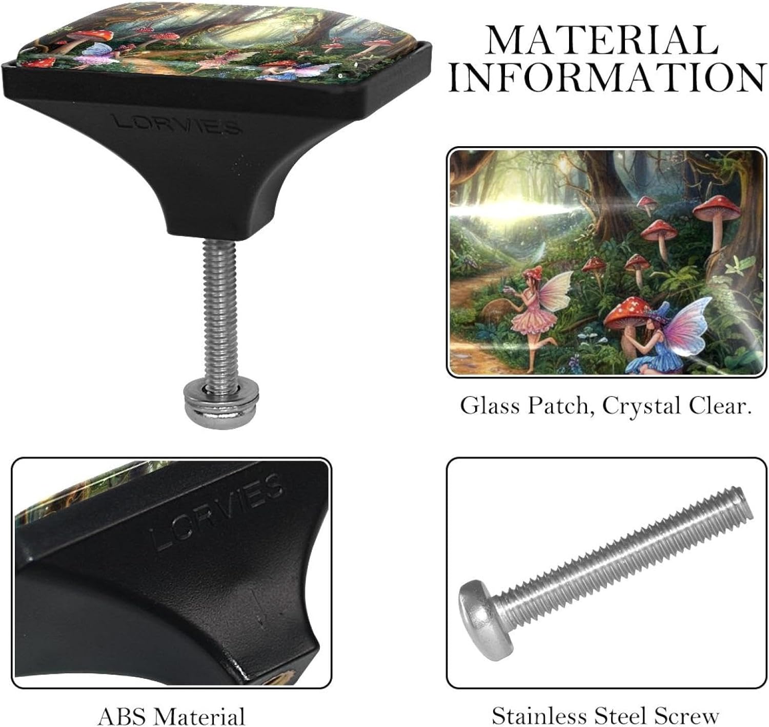 4 Pack Forest Fairy Mushroom Cabinet Knobs, ABS Glass Rectangle Single Hole, Drawer Dresse Door Pulls Hardware Handle