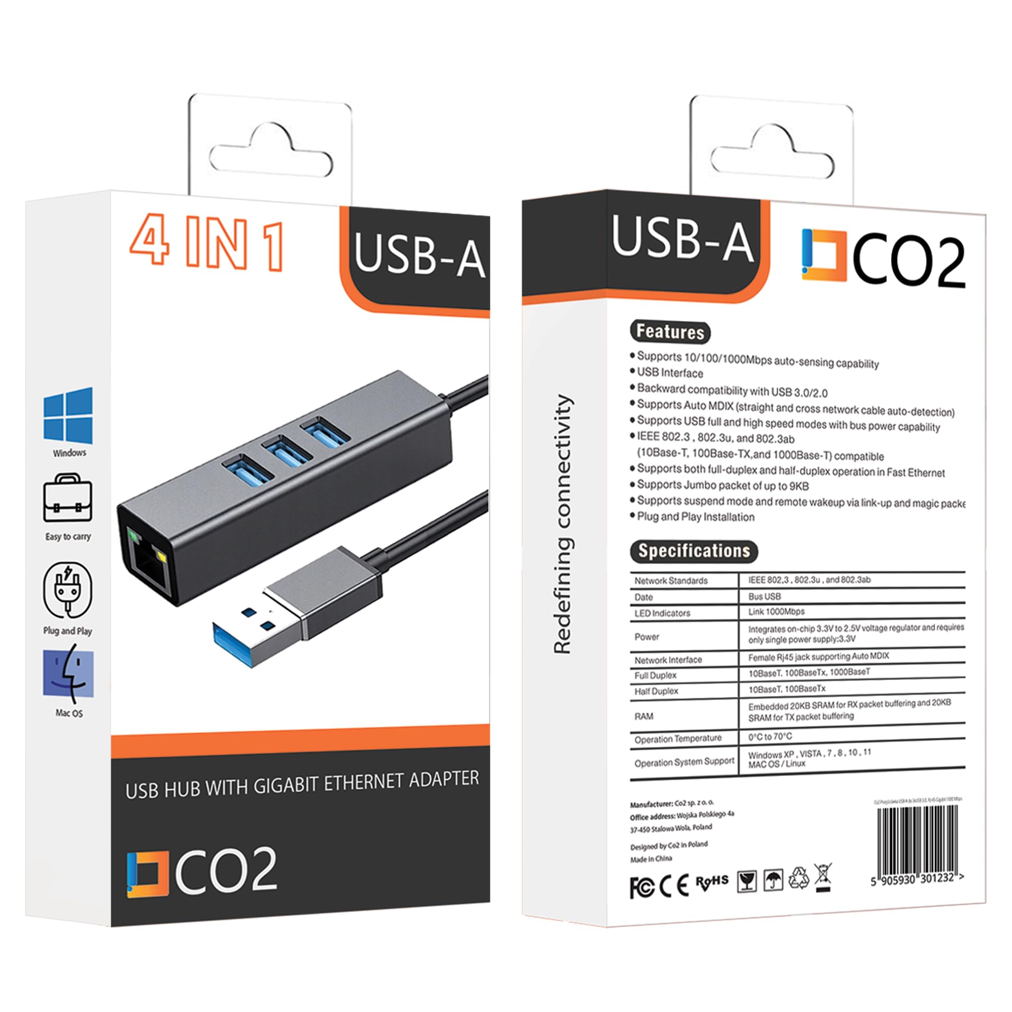 Co2 Adaptateur USB 3.0 Ethernet Gigabit 1000Mbps + 3x USB 3.0 Aluminium Plug and Play RTL8153 RJ45 15cm Compatible avec Windows MacOS Linux TV Box Android Console Sans Pilotes