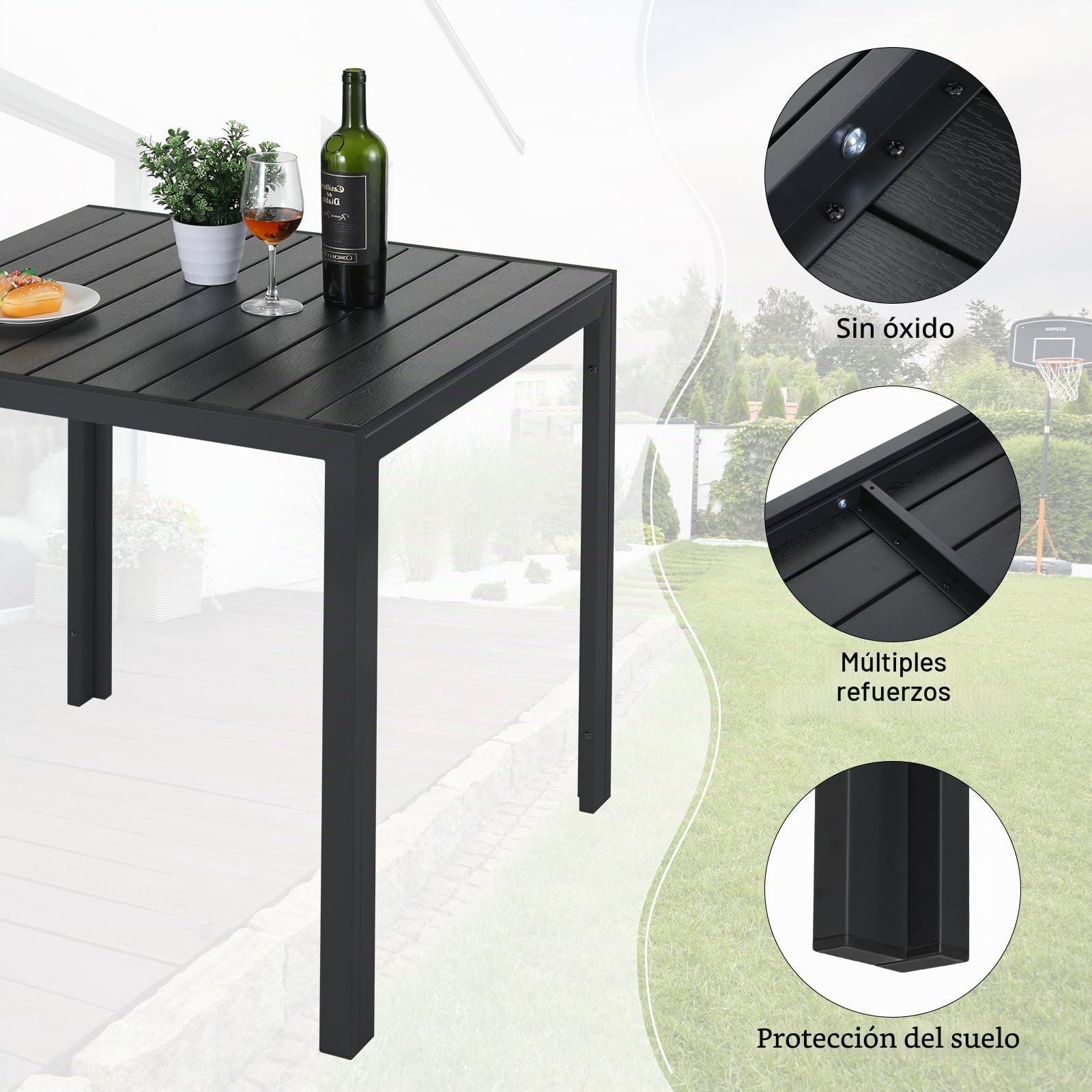 LIFERUN Conjunto Mesa y Sillas Jardin Exterior Aluminio de 3 Piezas, 2 Sillas Respaldo Alto Plegable Ajustable y 75x75x72 cm Mesa WPC, Juego de Muebles de Terraza y Balcón, Negro
