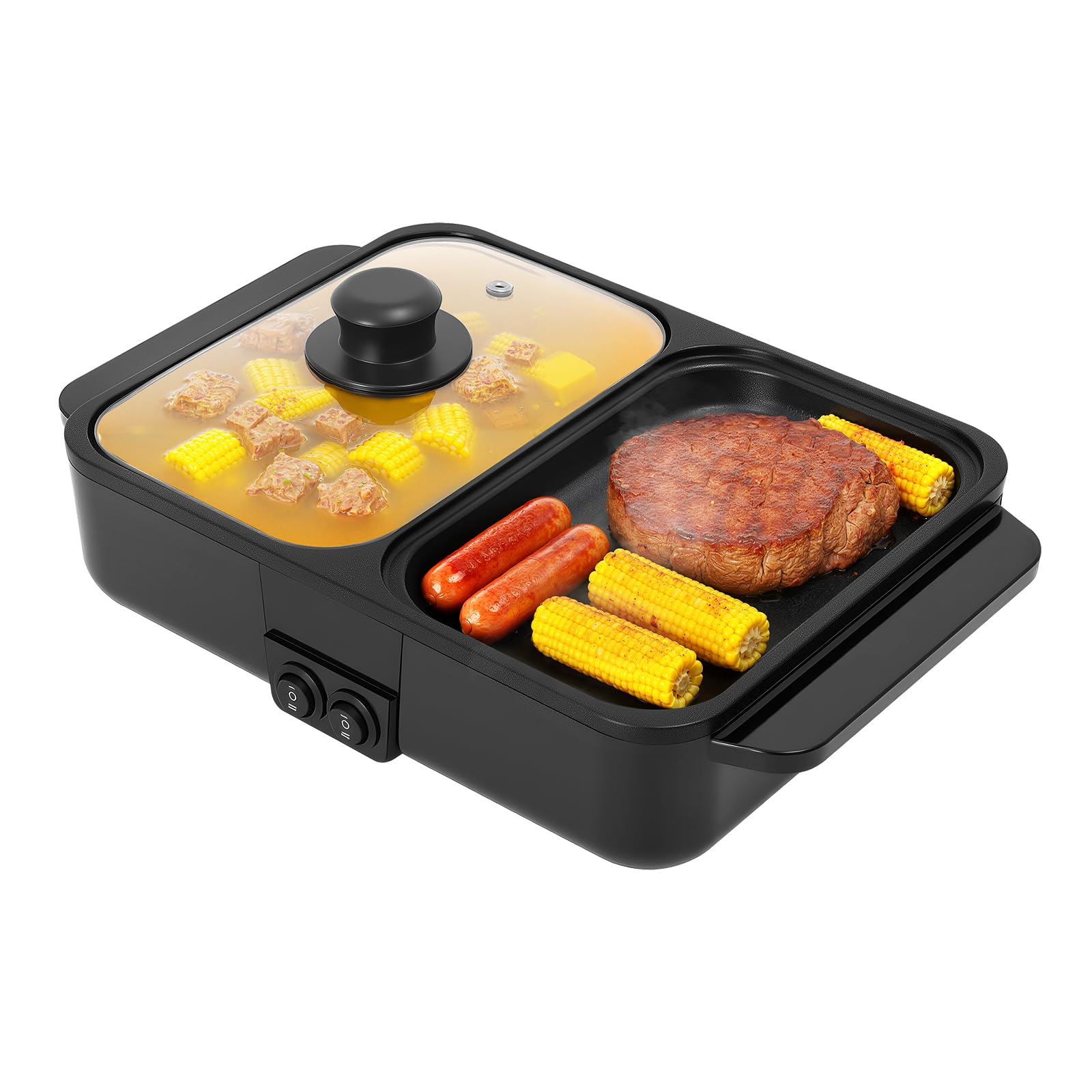 Hot Pot with Grill,1200W Electric Hot Pot and Frying Pan,2 in 1 Non-Stick Pot with Grill,Dual Temperature Control,with Clear Lid, Fast Heating for BBQ Steaks Noodles 110V (Black)