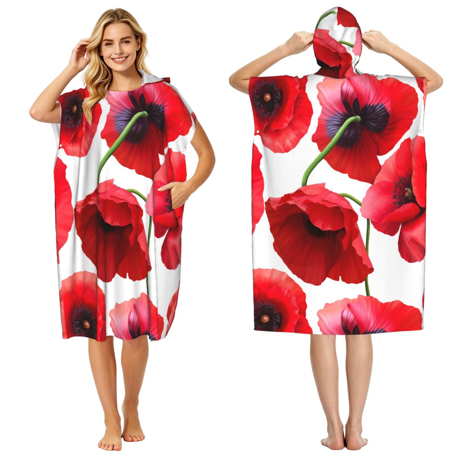 Poadnly Poppy Seamless Pattern, Adult Hooded Beach Towel 90 x 110 cm,Changing Bath Robe, Surf Poncho Towel For Women Men