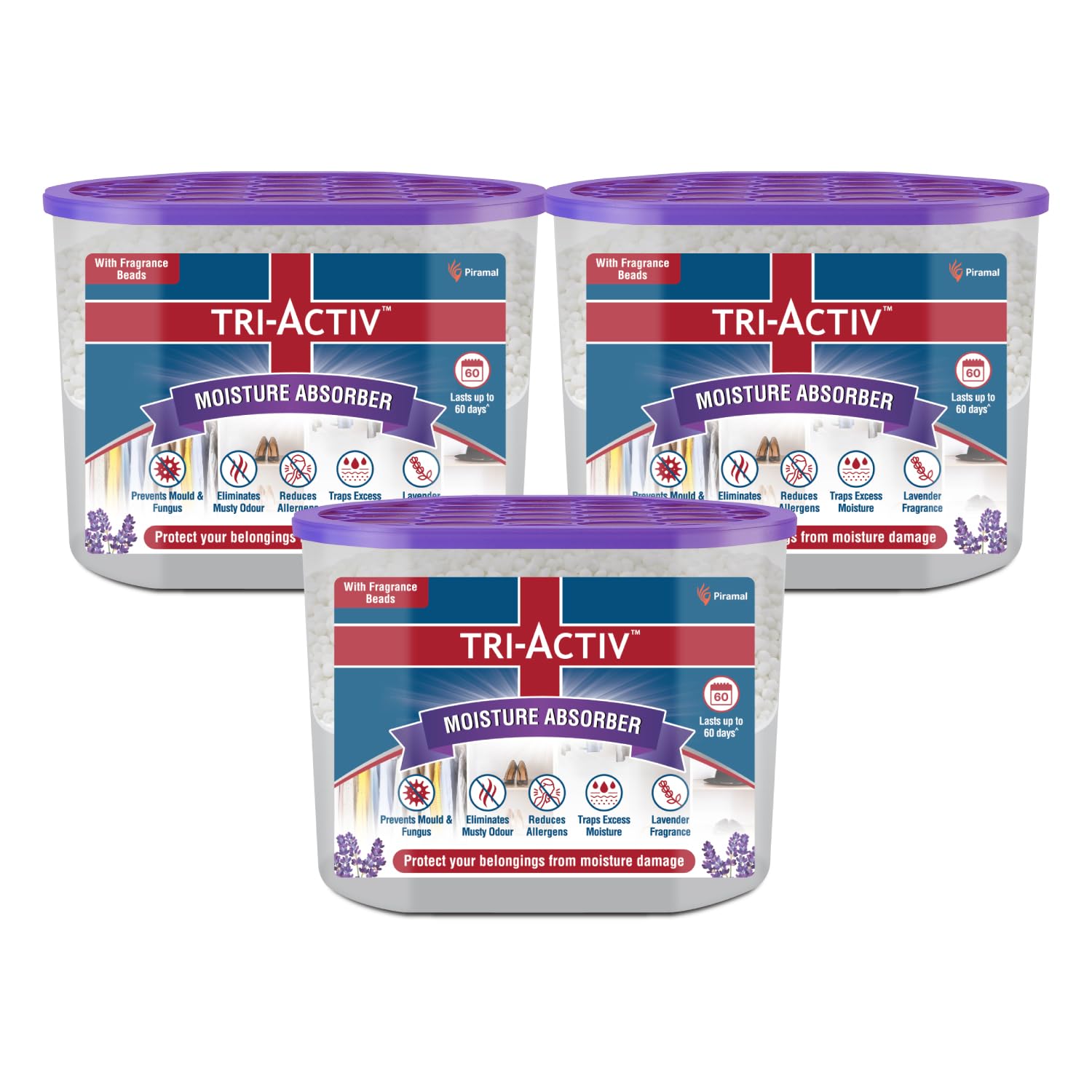 Tri-Activ Moisture Absorber | Absorbs upto 600ml Each|Pack of 3 | Dehumidifier for Room Moisture | Air Freshener & Humidity Absorber for Wardrobe, Toilet & Car | Prevents Mould, Fungus, Odour|Lavender