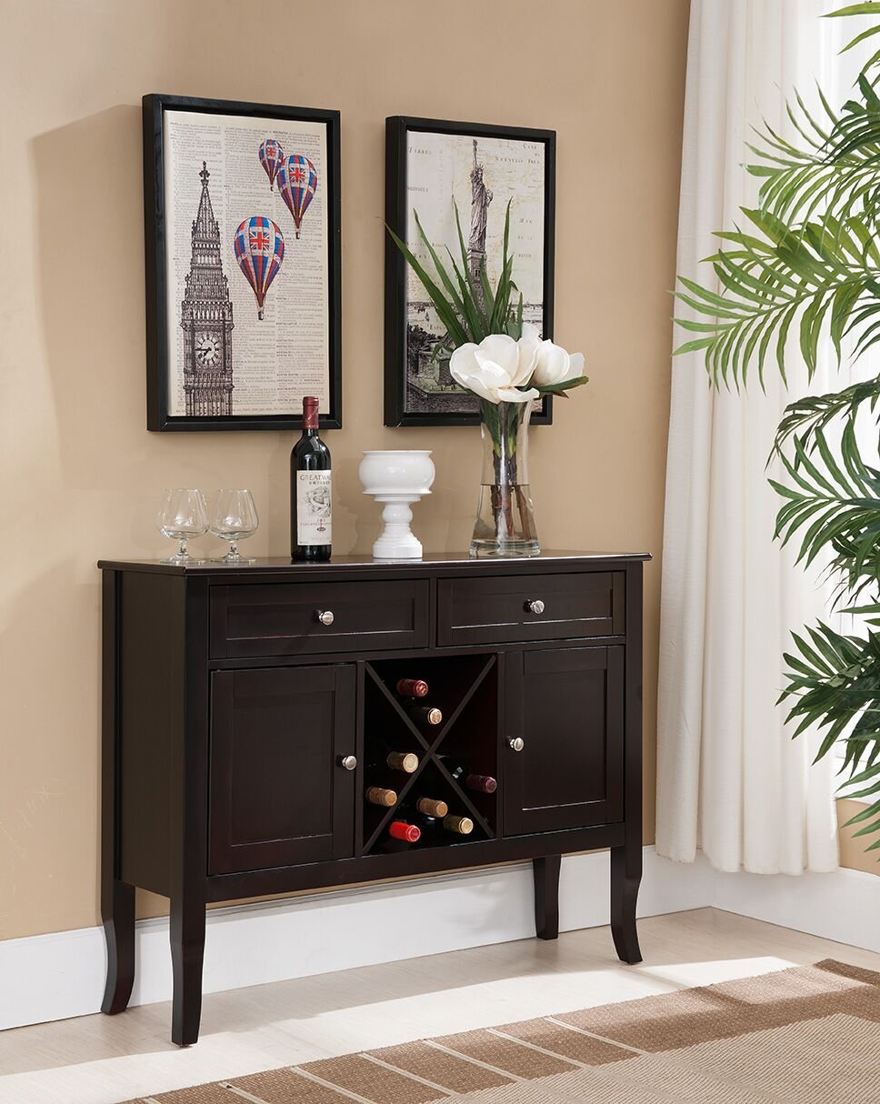 KB Designs - Dark Cherry Wine Cabinet Breakfront Buffet Storage Console Table,