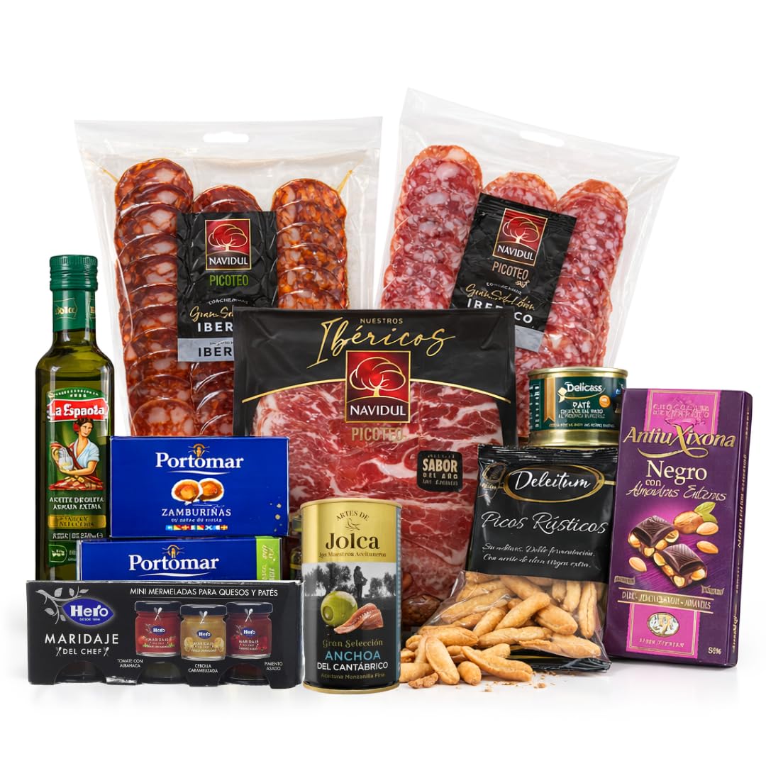 Cesta Gourmet para Regalar FAMILYCOM con Ibéricos, Aceite de Oliva, Chocolate, Jamón y Zamburiñas